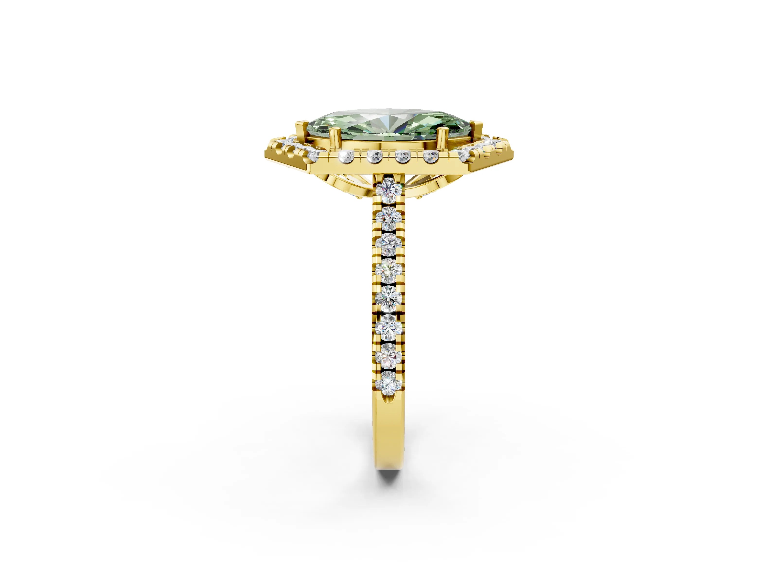 Yellow gold Hexagonal Halo Fancy Green Marquise Cut Diamond Pavé Band with Four-Prong Setting_2