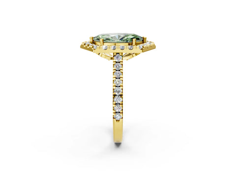Yellow gold Hexagonal Halo Fancy Green Marquise Cut Diamond Pavé Band with Four-Prong Setting_2