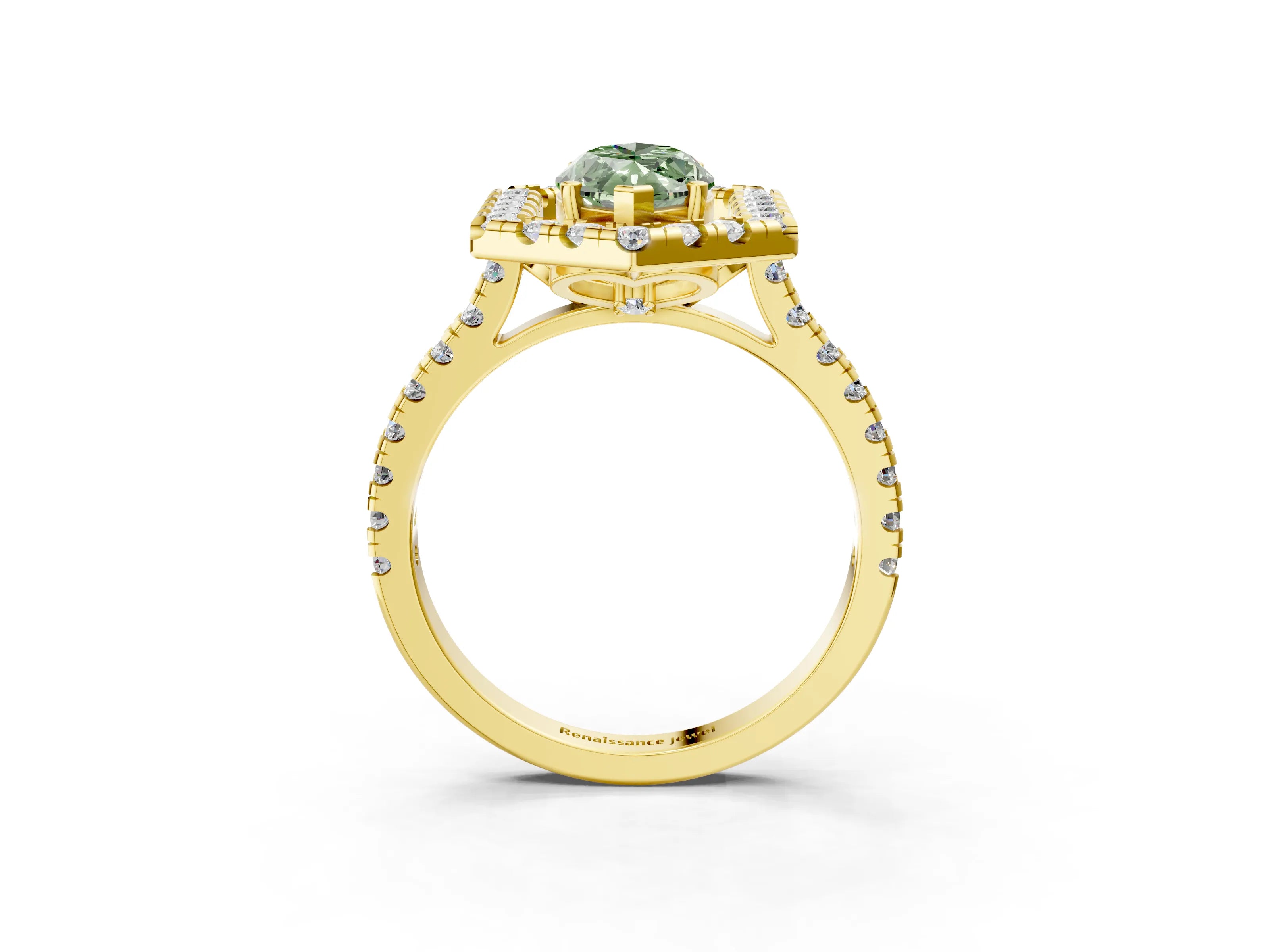 Yellow gold Hexagonal Halo Fancy Green Marquise Cut Diamond Pavé Band with Four-Prong Setting_3