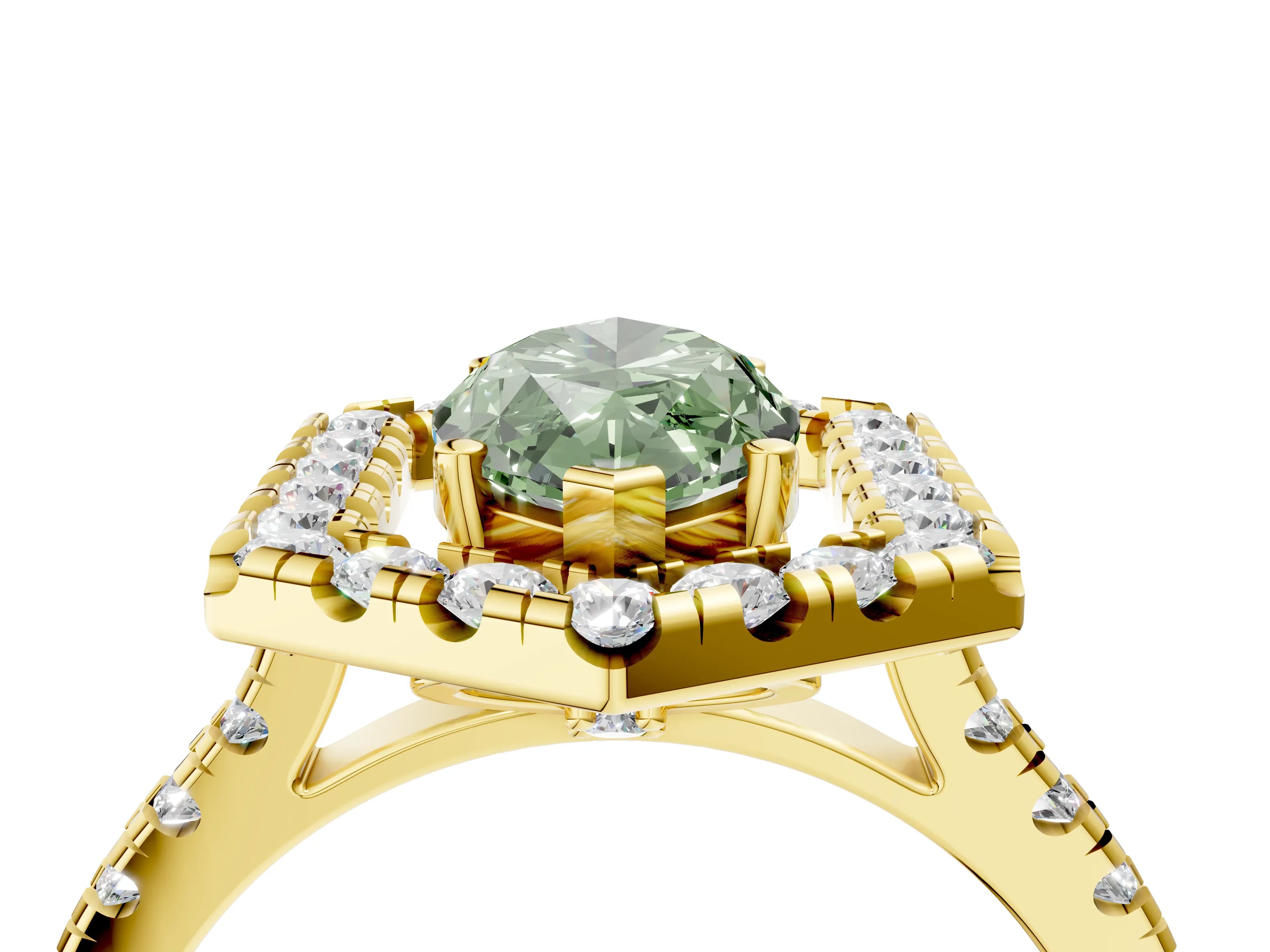Yellow gold Hexagonal Halo Fancy Green Marquise Cut Diamond Pavé Band with Four-Prong Setting_4