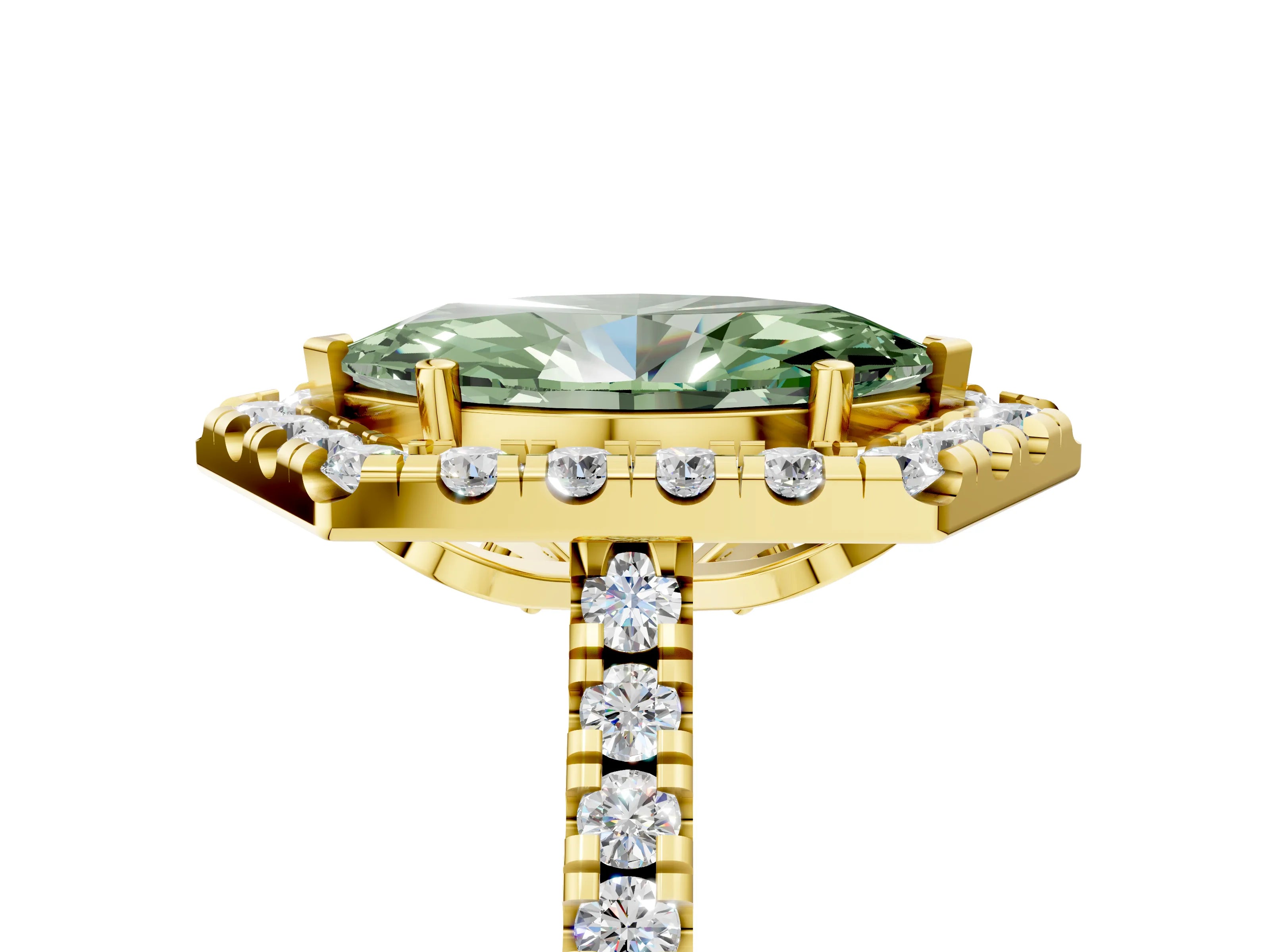 Yellow gold Hexagonal Halo Fancy Green Marquise Cut Diamond Pavé Band with Four-Prong Setting_5