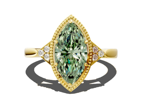 Yellow gold Hexagonal Halo Fancy Green Marquise Cut Diamond Solitaire with Pavé Band and Four-Prong Setting_3