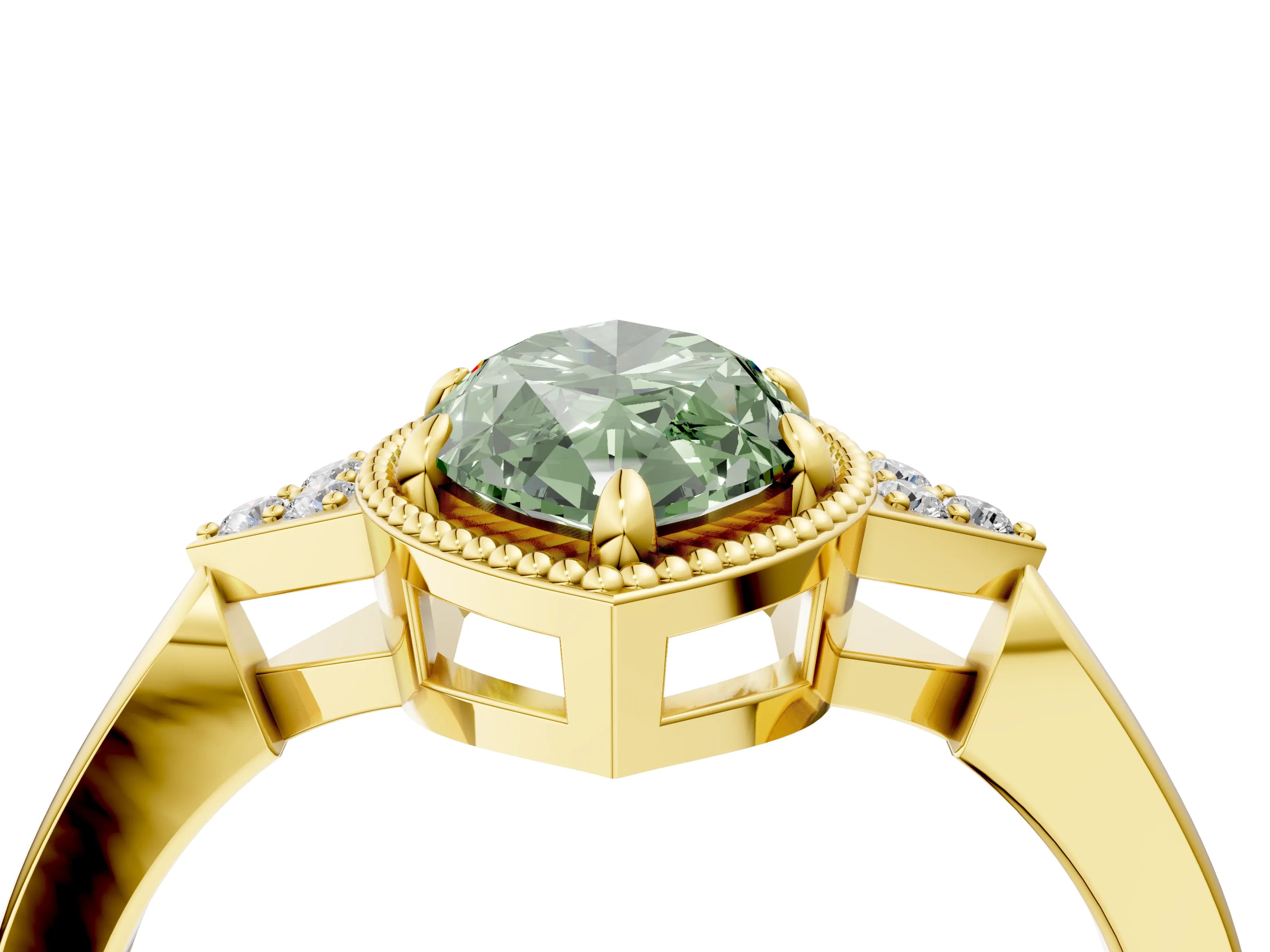 Yellow gold Hexagonal Halo Fancy Green Marquise Cut Diamond Solitaire with Pavé Band and Four-Prong Setting_7