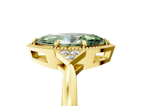 Yellow gold Hexagonal Halo Fancy Green Marquise Cut Diamond Solitaire with Pavé Band and Four-Prong Setting_8
