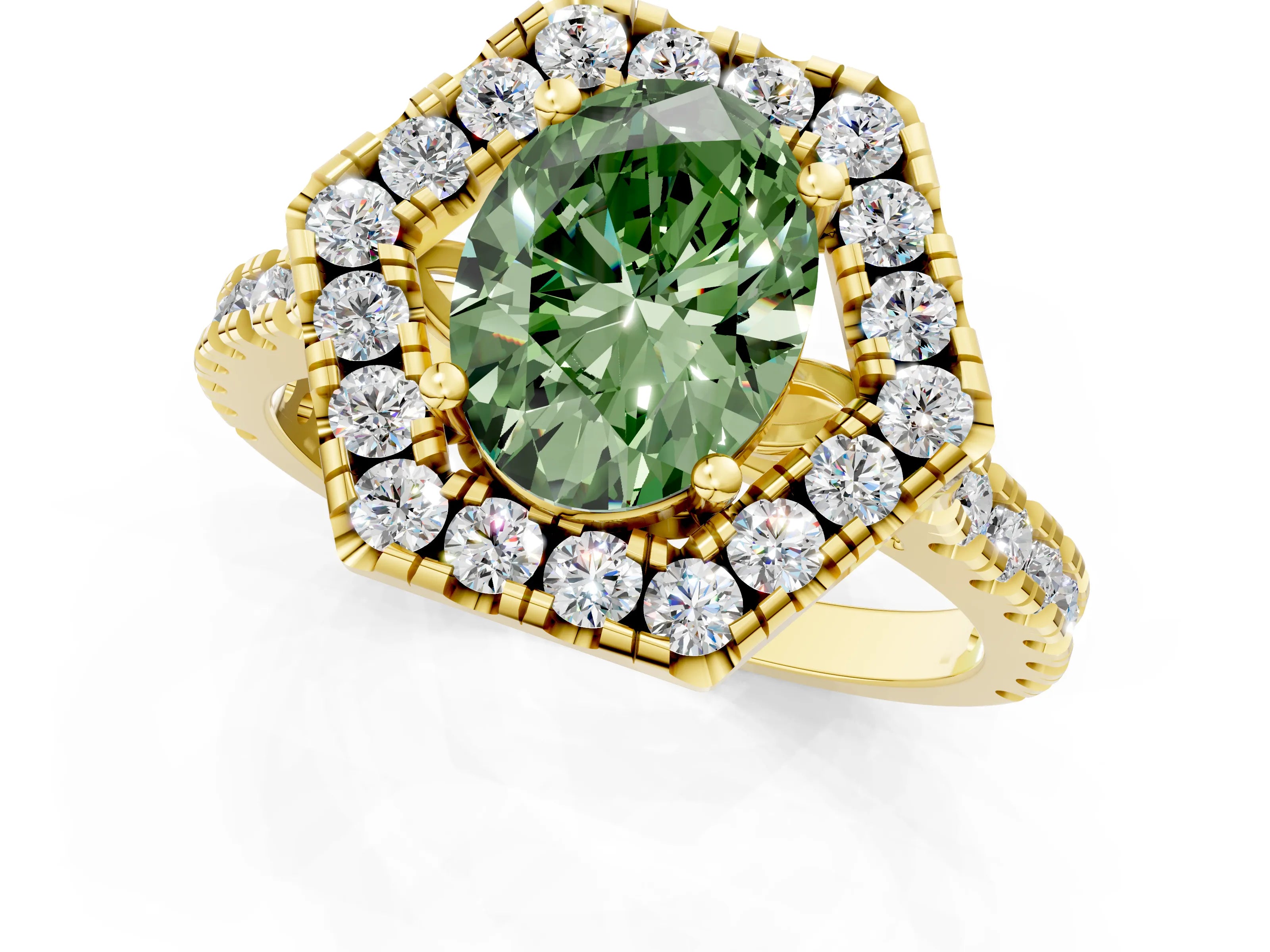 Yellow gold Hexagonal Halo Fancy Green Oval Cut Diamond Pavé Band with Four-Prong Setting_1
