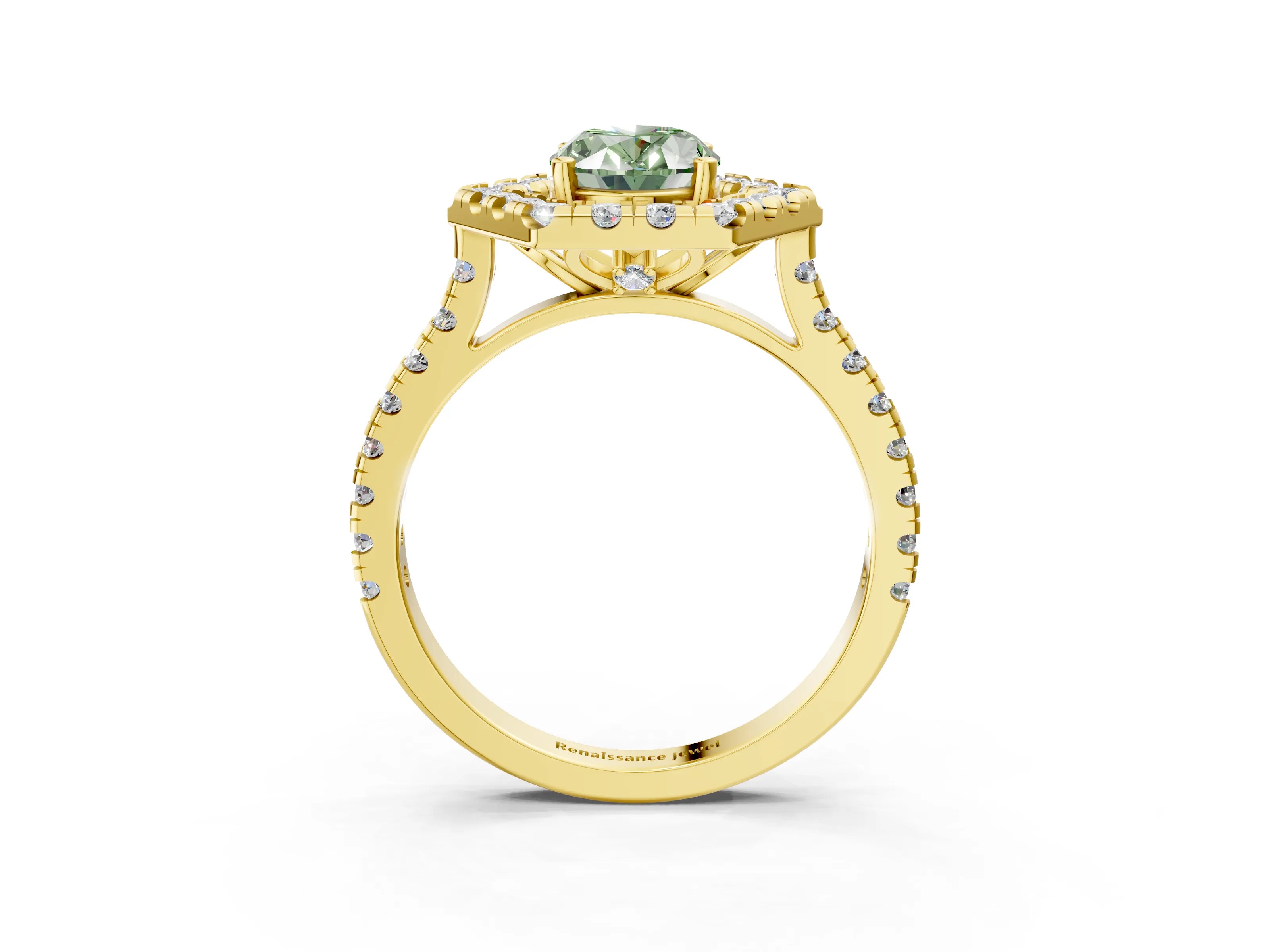 Yellow gold Hexagonal Halo Fancy Green Oval Cut Diamond Pavé Band with Four-Prong Setting_3