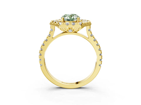 Yellow gold Hexagonal Halo Fancy Green Oval Cut Diamond Pavé Band with Four-Prong Setting_3