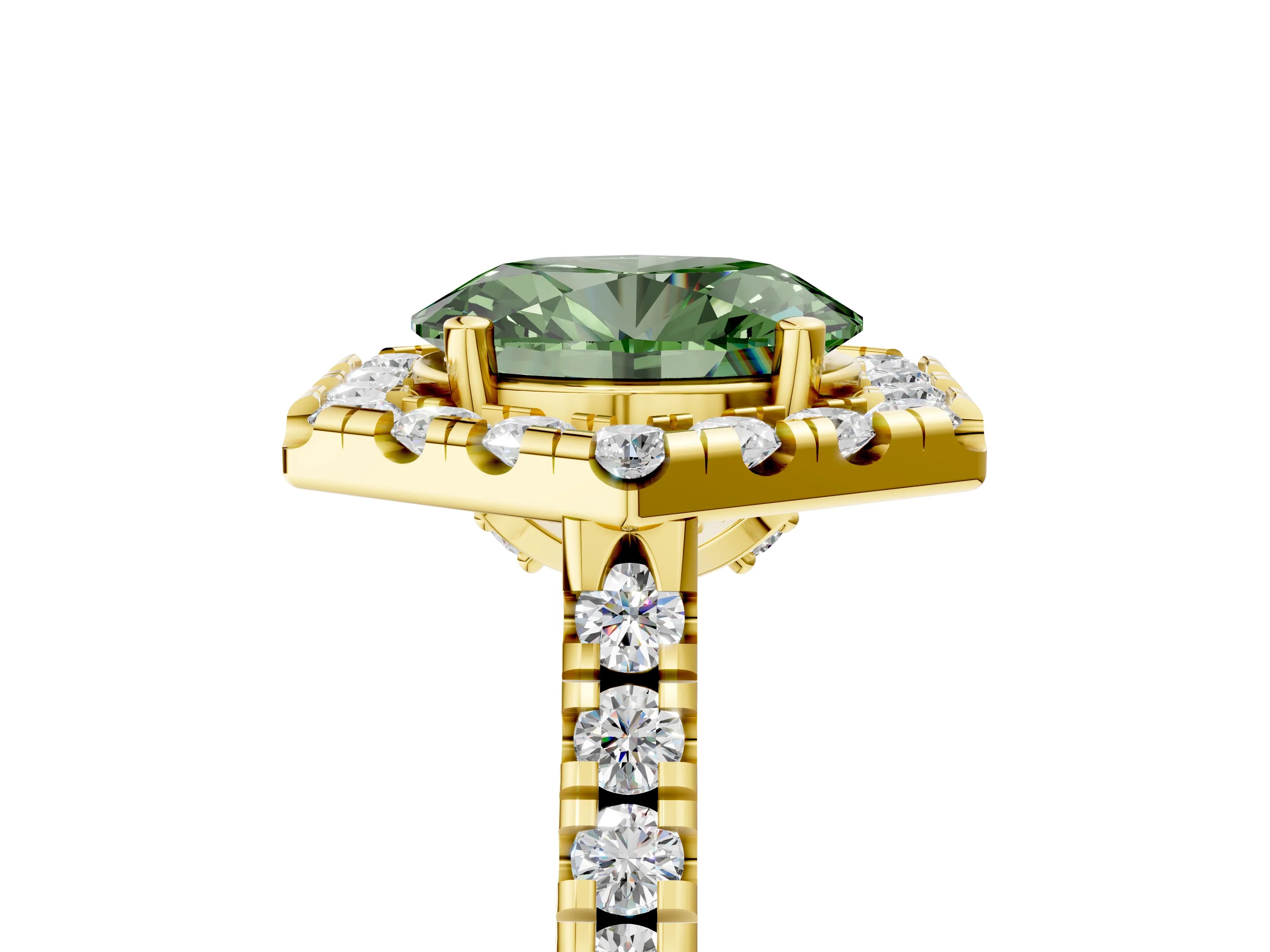 Yellow gold Hexagonal Halo Fancy Green Oval Cut Diamond Pavé Band with Four-Prong Setting_5