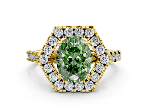 Yellow gold Hexagonal Halo Fancy Green Oval Cut Diamond Pavé Band with Four-Prong Setting