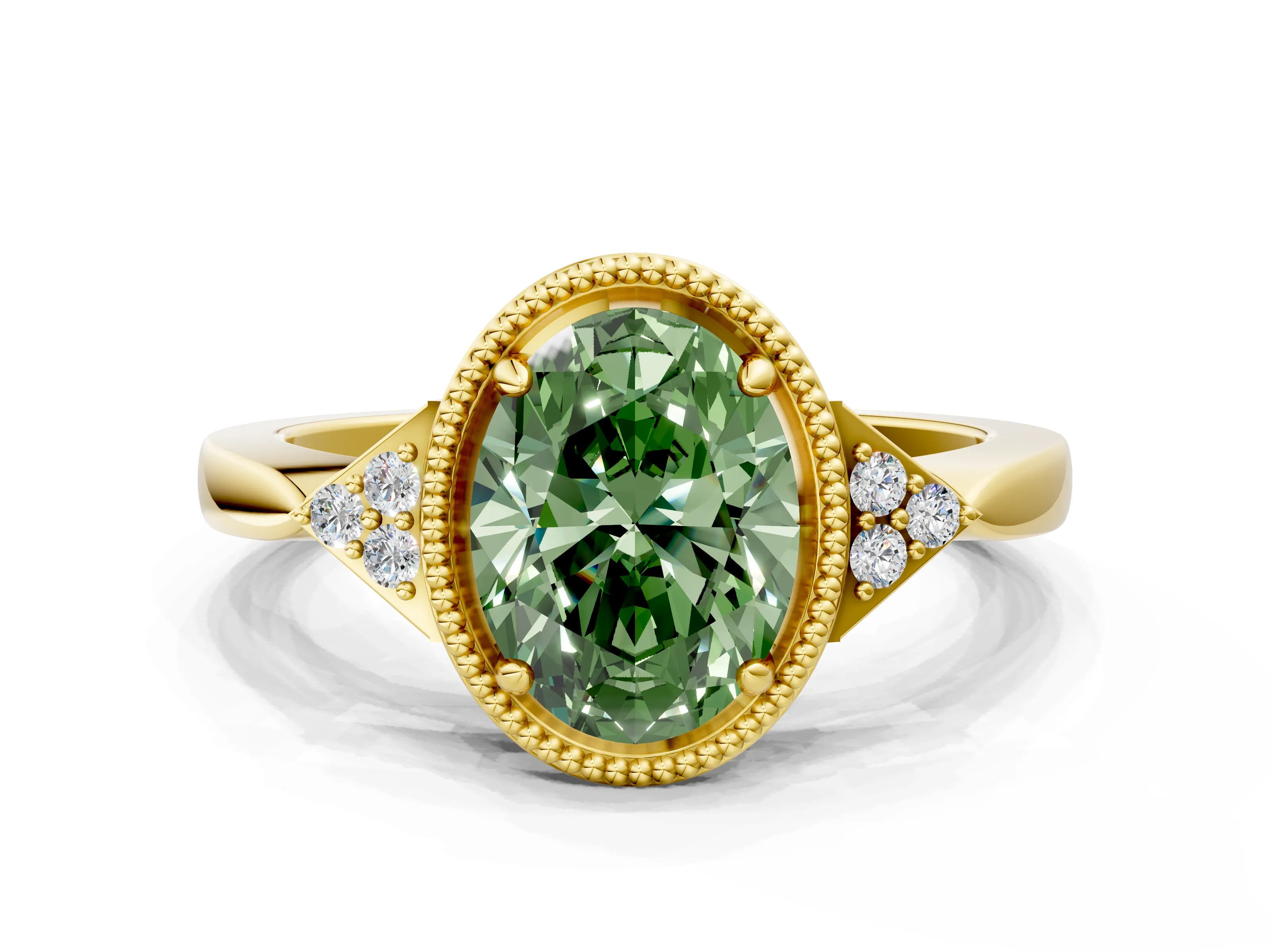 Yellow gold Hexagonal Halo Fancy Green Oval Cut Diamond Solitaire with Pavé Band and Four-Prong Setting_3