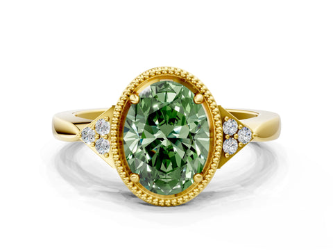 Yellow gold Hexagonal Halo Fancy Green Oval Cut Diamond Solitaire with Pavé Band and Four-Prong Setting_3