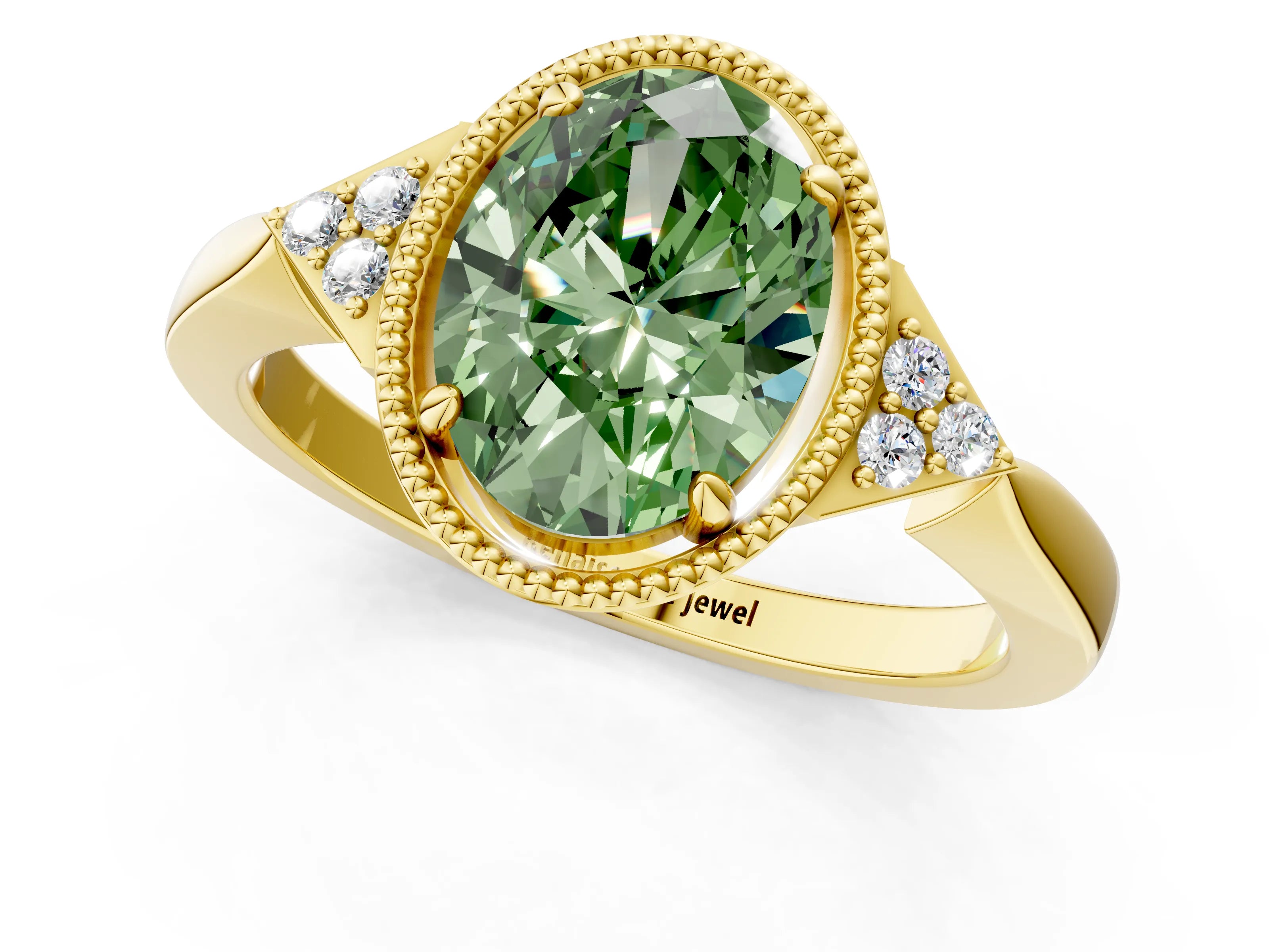Yellow gold Hexagonal Halo Fancy Green Oval Cut Diamond Solitaire with Pavé Band and Four-Prong Setting_4