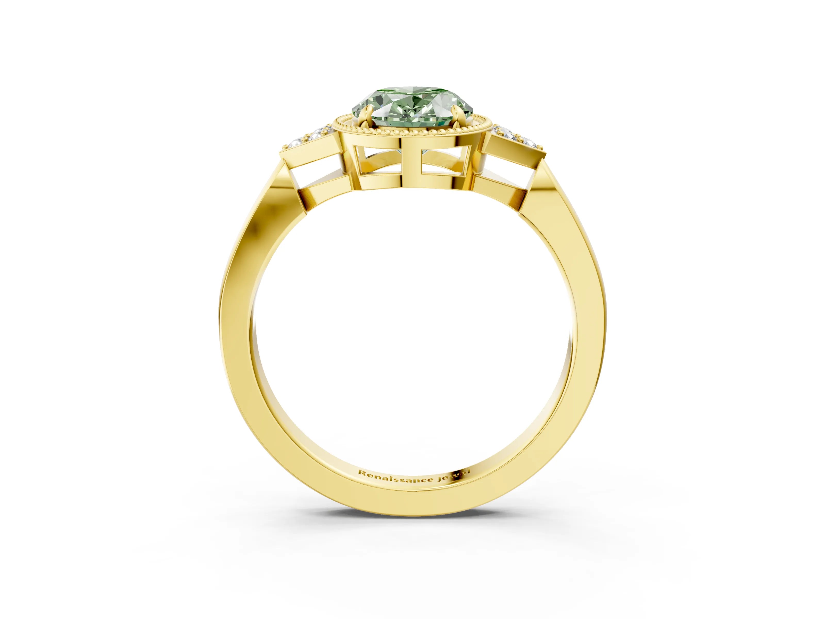 Yellow gold Hexagonal Halo Fancy Green Oval Cut Diamond Solitaire with Pavé Band and Four-Prong Setting_6