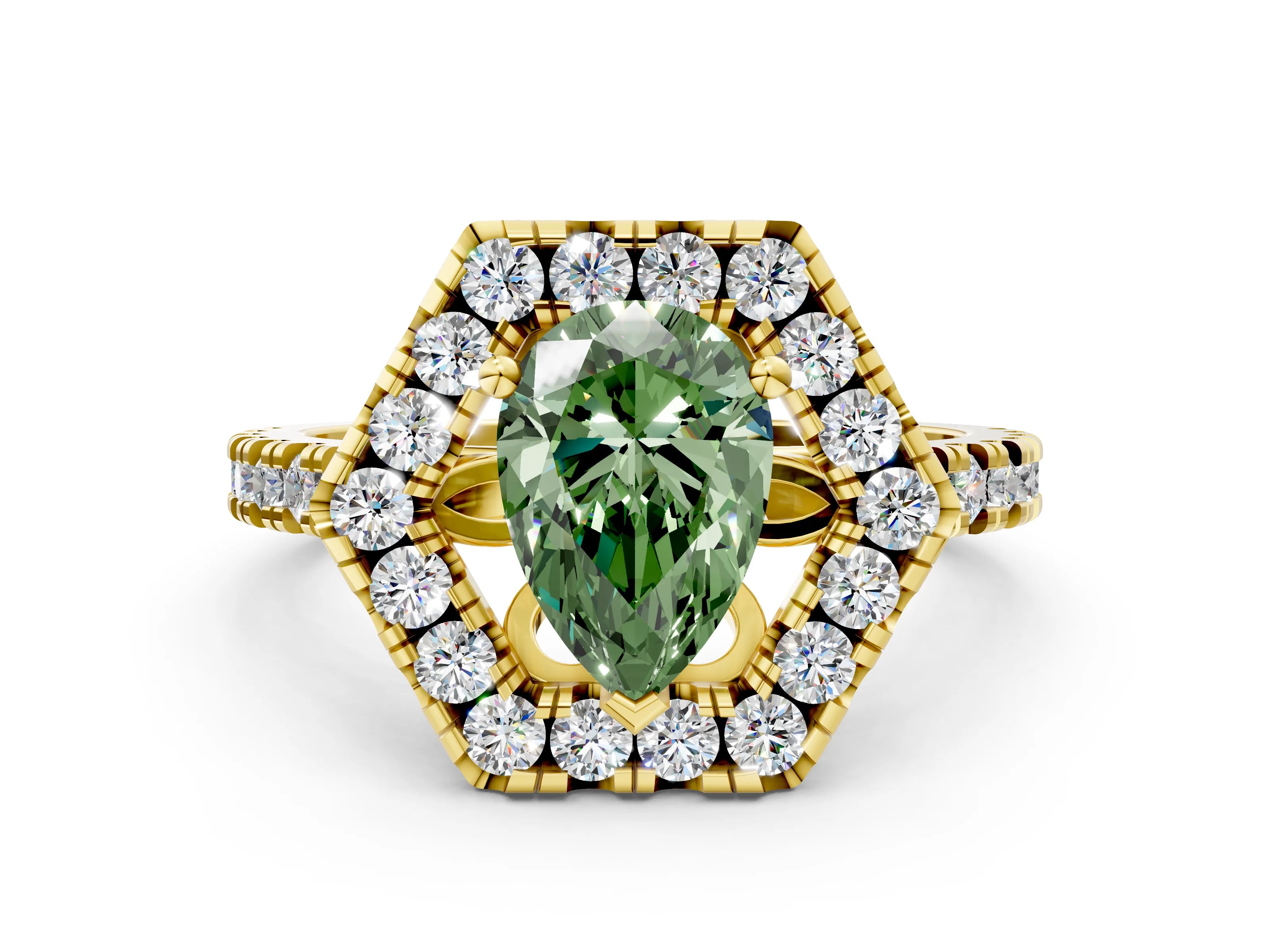 Yellow gold Hexagonal Halo Fancy Green Pear Cut Diamond Pavé Band with Four-Prong Setting