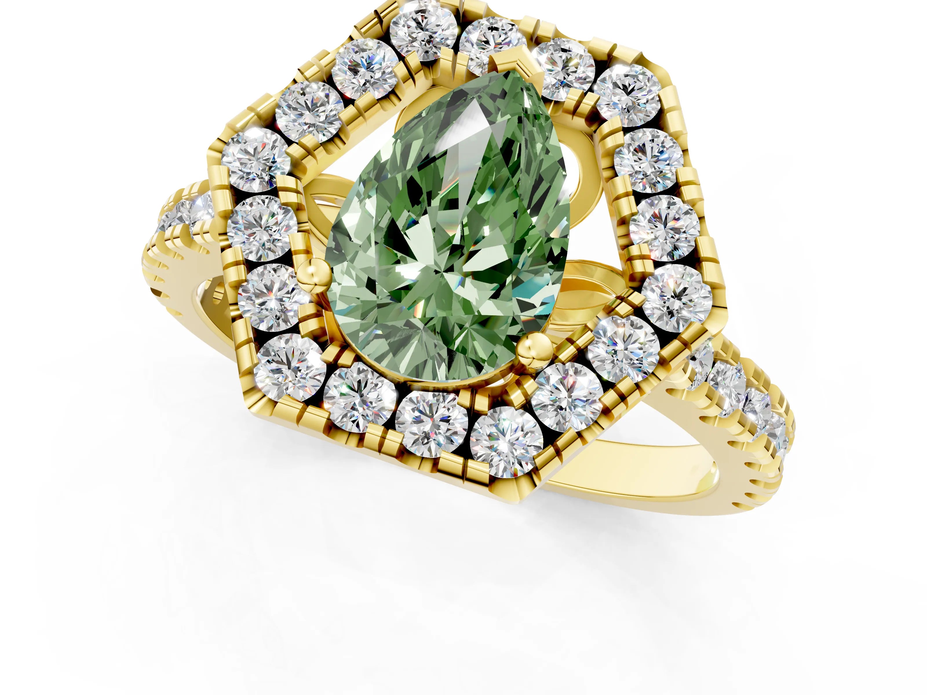 Yellow gold Hexagonal Halo Fancy Green Pear Cut Diamond Pavé Band with Four-Prong Setting_1
