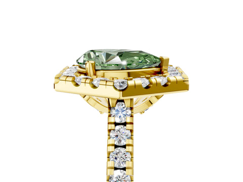 Yellow gold Hexagonal Halo Fancy Green Pear Cut Diamond Pavé Band with Four-Prong Setting_5