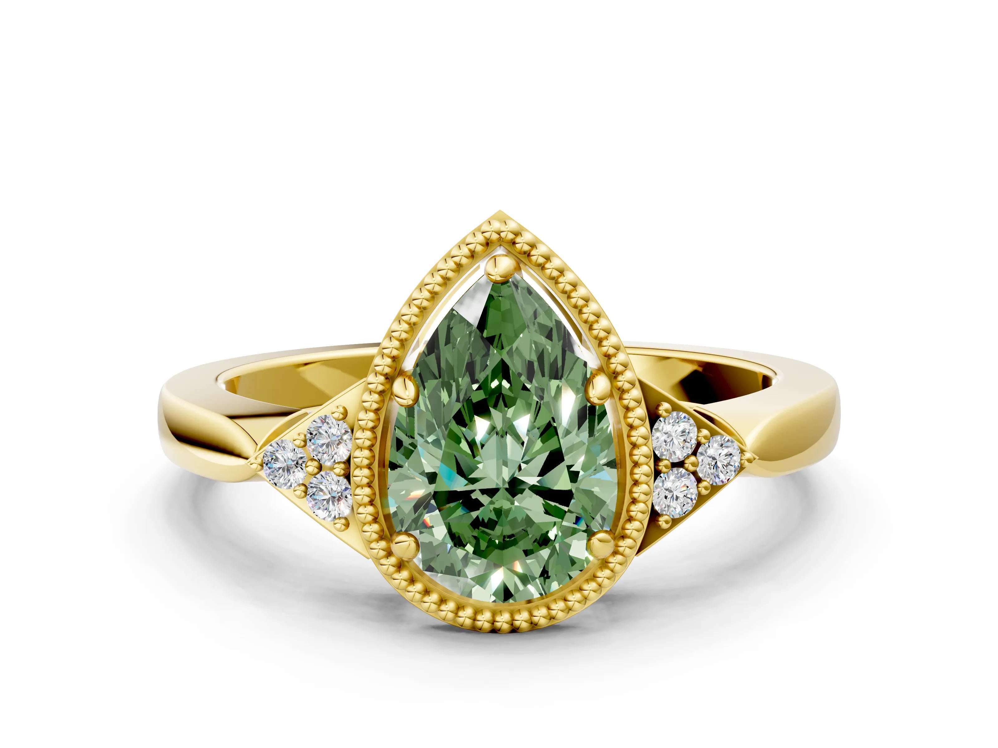 Yellow gold Hexagonal Halo Fancy Green Pear Cut Diamond Solitaire with Pavé Band and Four-Prong Setting_3