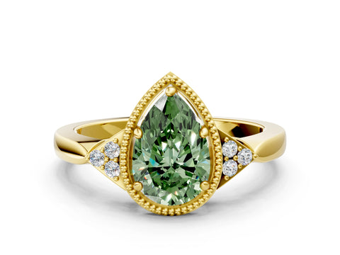 Yellow gold Hexagonal Halo Fancy Green Pear Cut Diamond Solitaire with Pavé Band and Four-Prong Setting_3