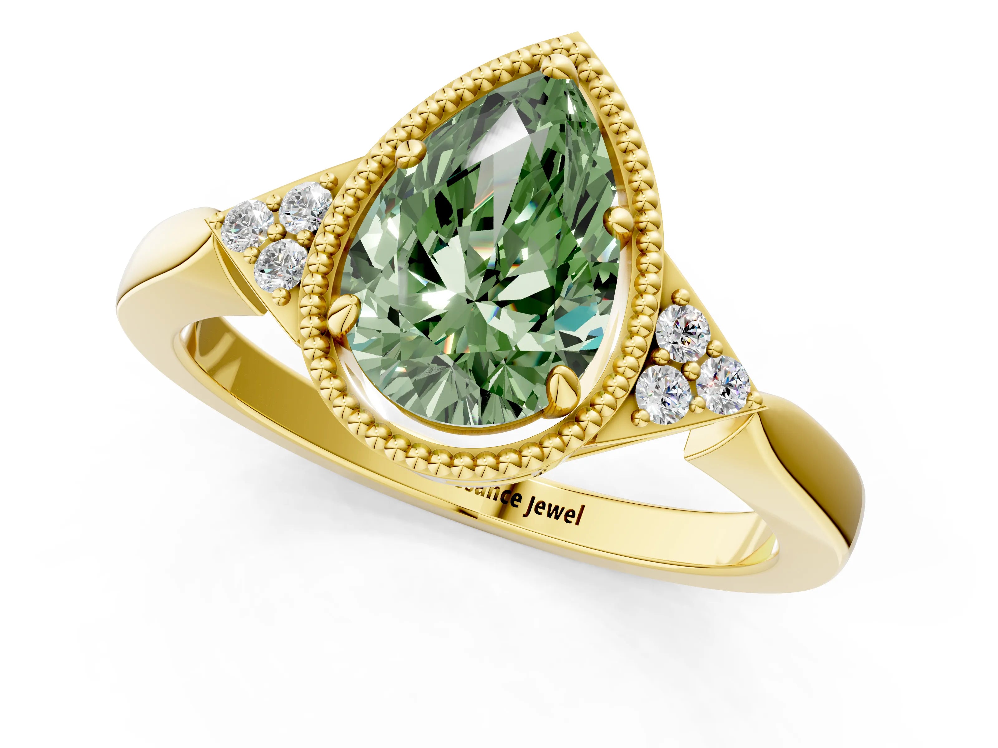 Yellow gold Hexagonal Halo Fancy Green Pear Cut Diamond Solitaire with Pavé Band and Four-Prong Setting_4