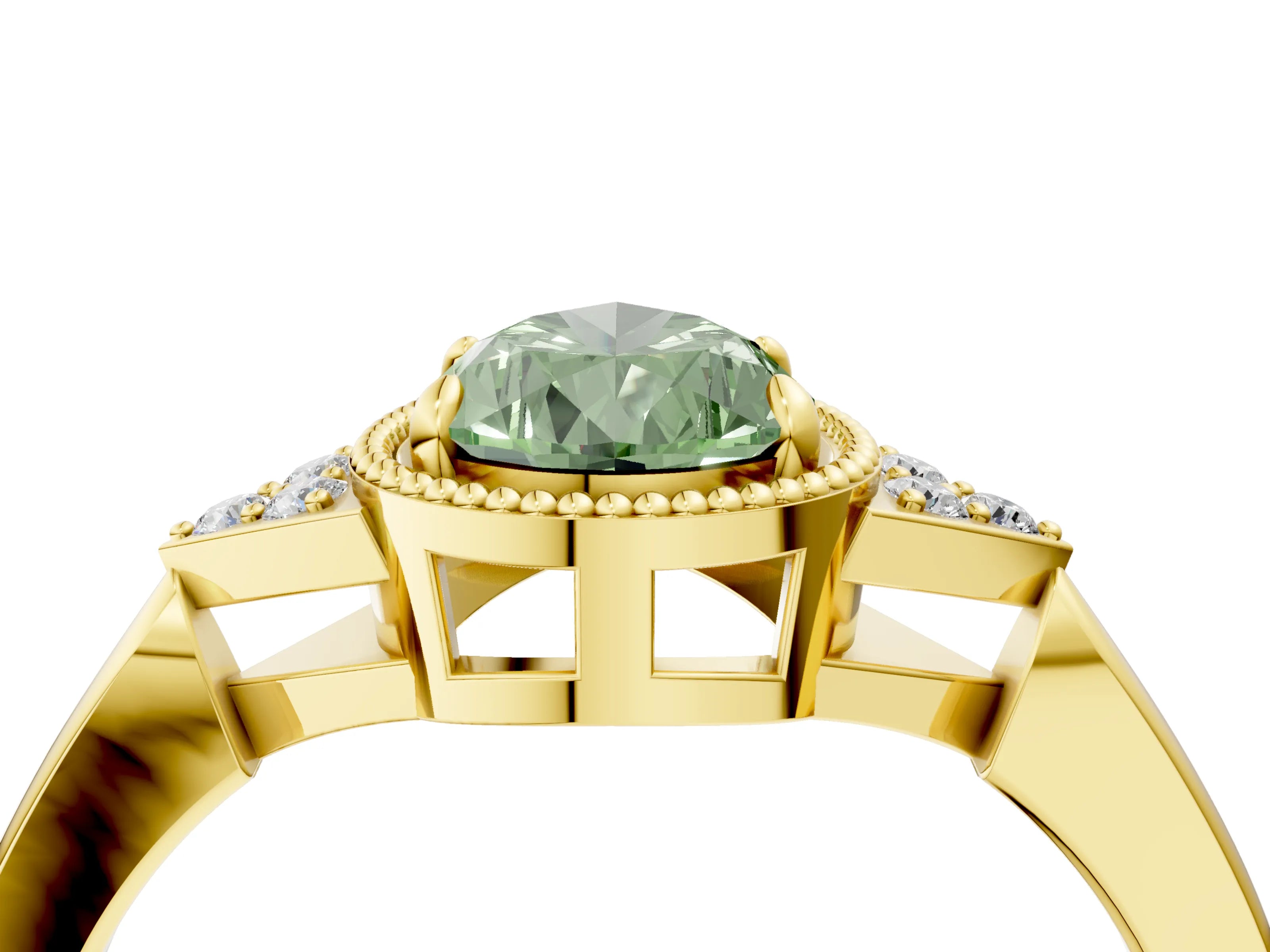 Yellow gold Hexagonal Halo Fancy Green Pear Cut Diamond Solitaire with Pavé Band and Four-Prong Setting_7
