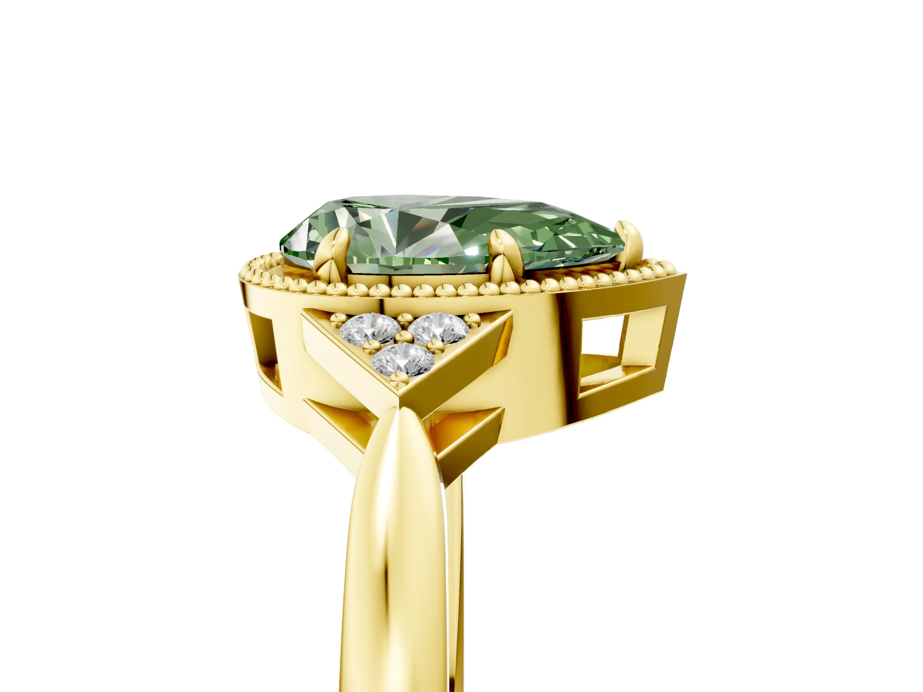 Yellow gold Hexagonal Halo Fancy Green Pear Cut Diamond Solitaire with Pavé Band and Four-Prong Setting_8
