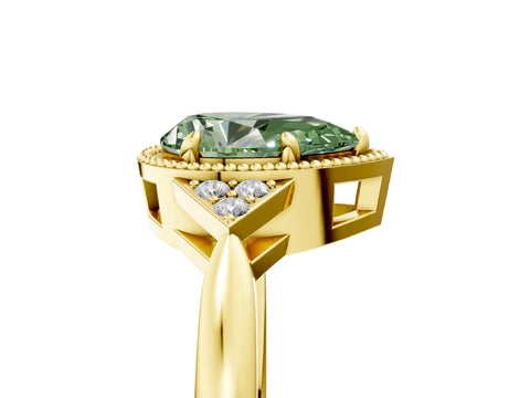 Yellow gold Hexagonal Halo Fancy Green Pear Cut Diamond Solitaire with Pavé Band and Four-Prong Setting_8