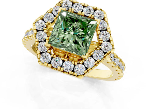 Yellow gold Hexagonal Halo Fancy Green Princess Cut Diamond Pavé Band with Four-Prong Setting_1