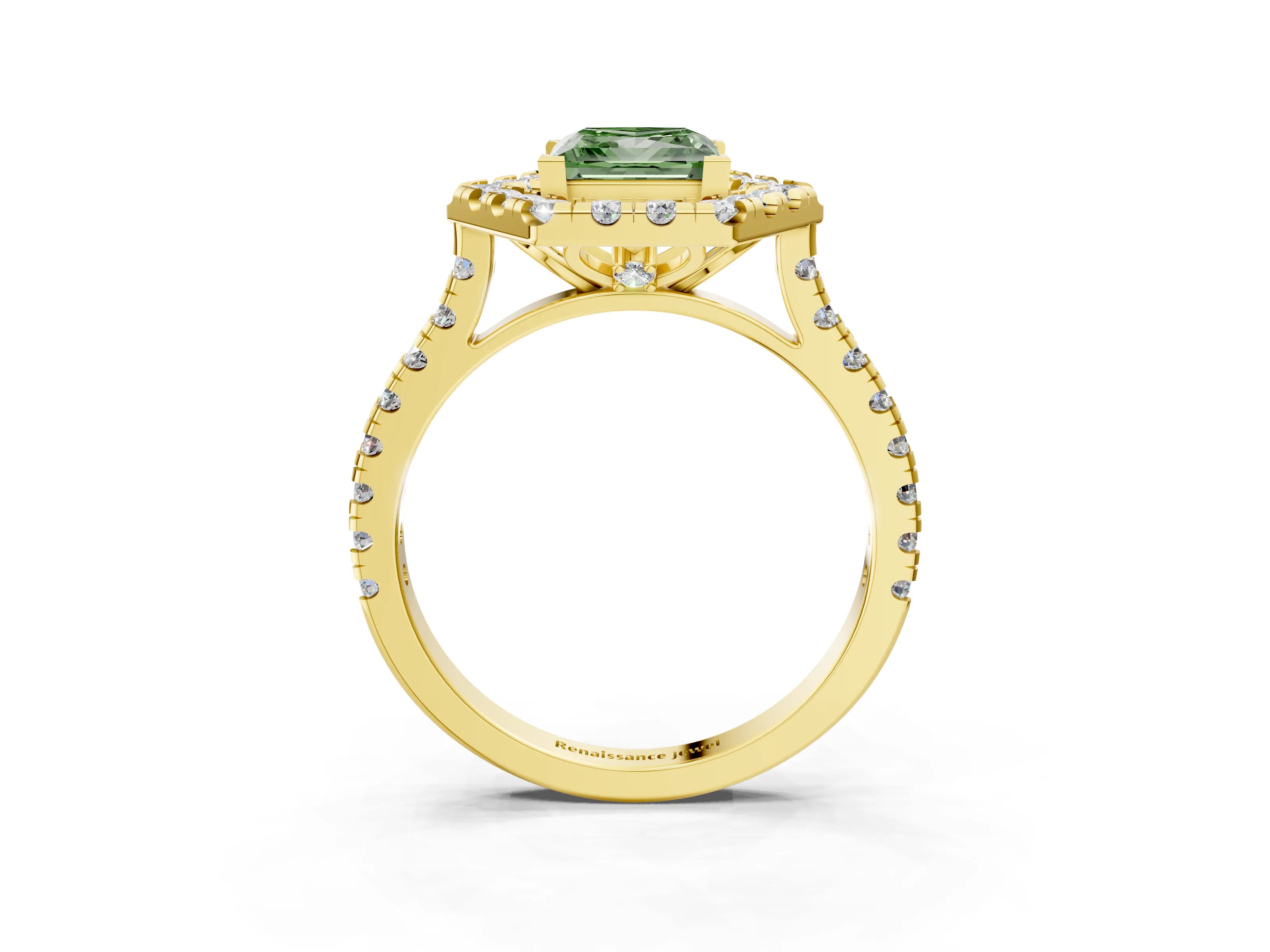 Yellow gold Hexagonal Halo Fancy Green Princess Cut Diamond Pavé Band with Four-Prong Setting_3