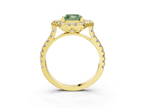 Yellow gold Hexagonal Halo Fancy Green Princess Cut Diamond Pavé Band with Four-Prong Setting_3
