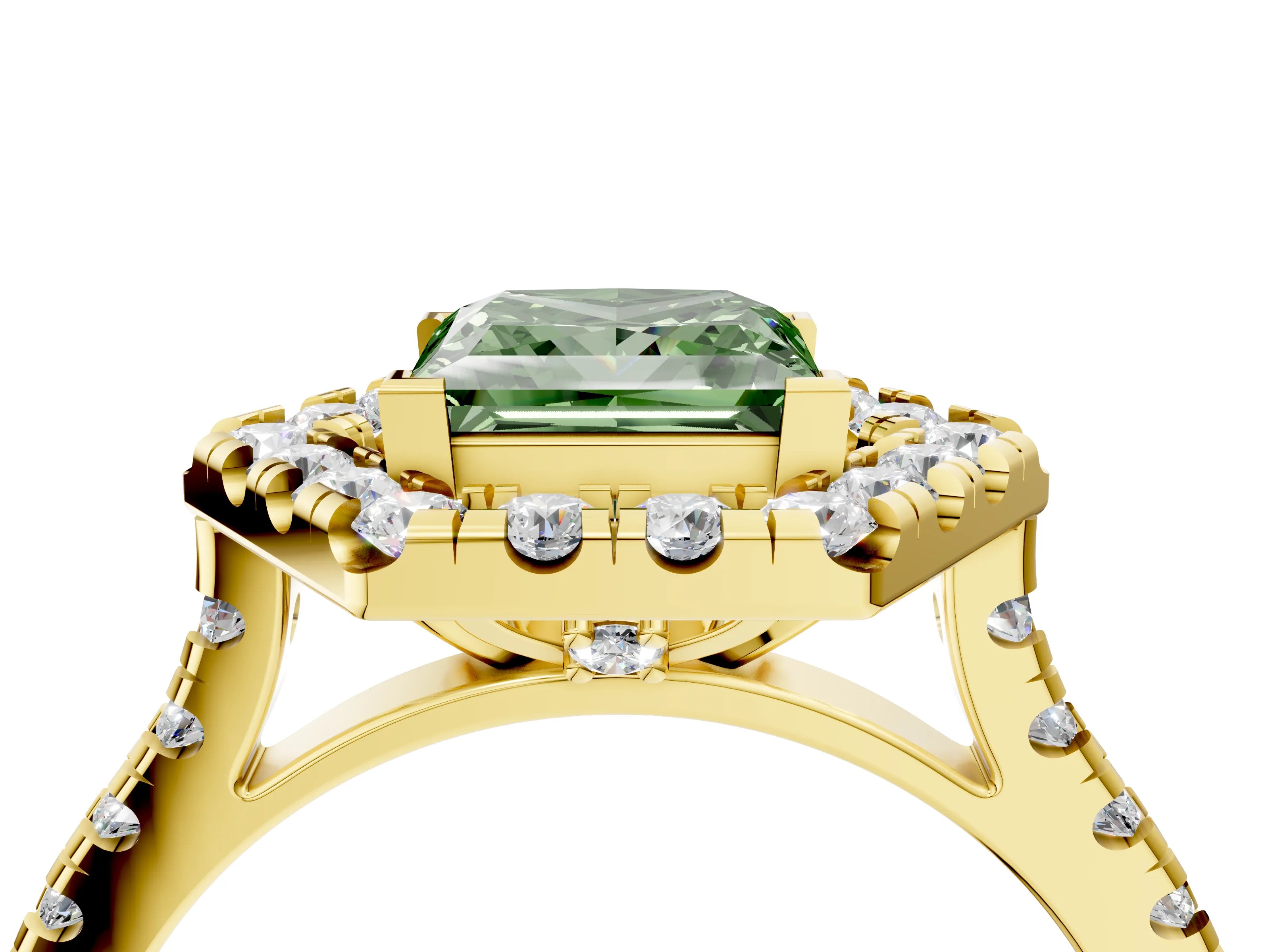 Yellow gold Hexagonal Halo Fancy Green Princess Cut Diamond Pavé Band with Four-Prong Setting_4