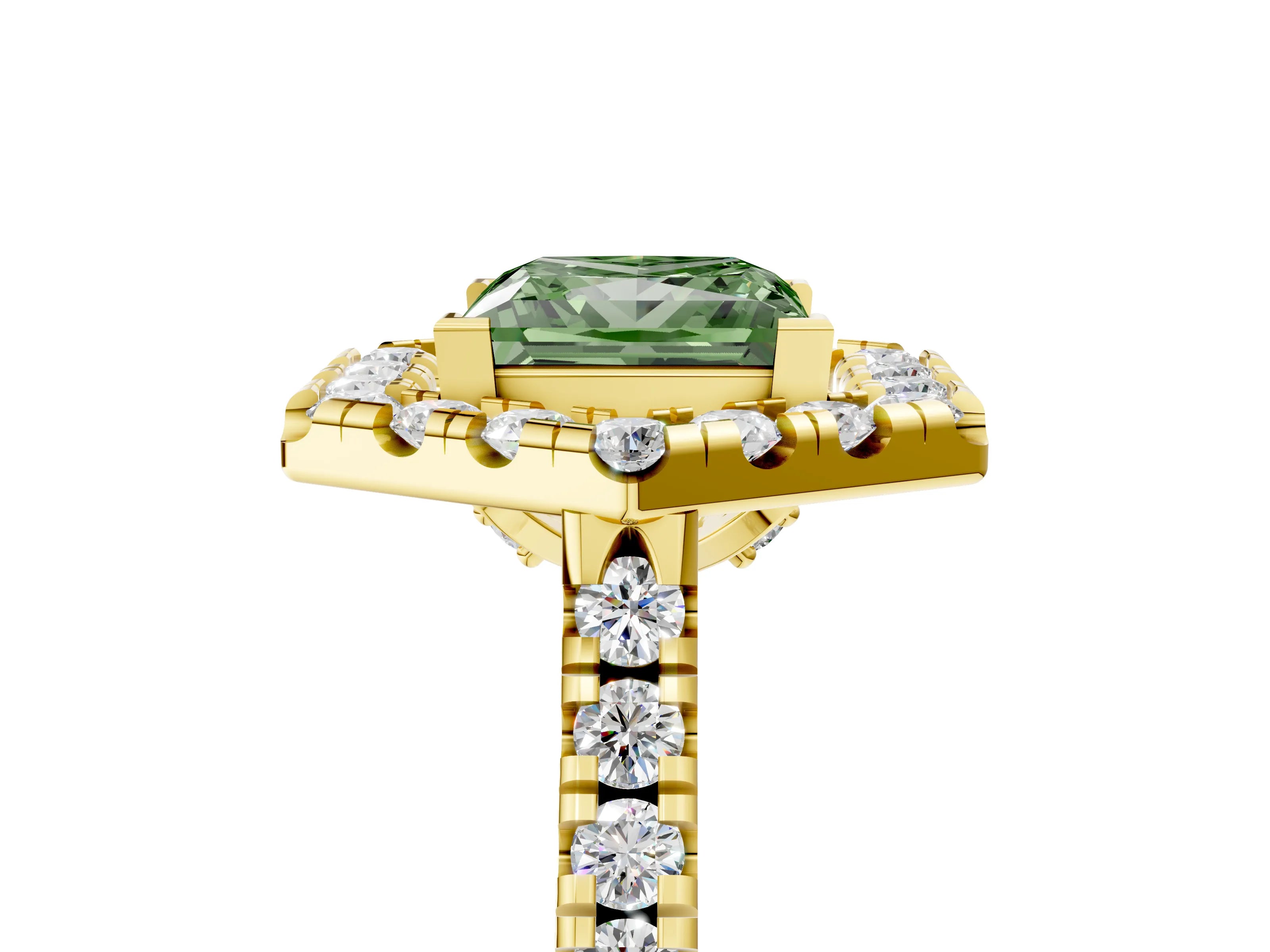 Yellow gold Hexagonal Halo Fancy Green Princess Cut Diamond Pavé Band with Four-Prong Setting_5