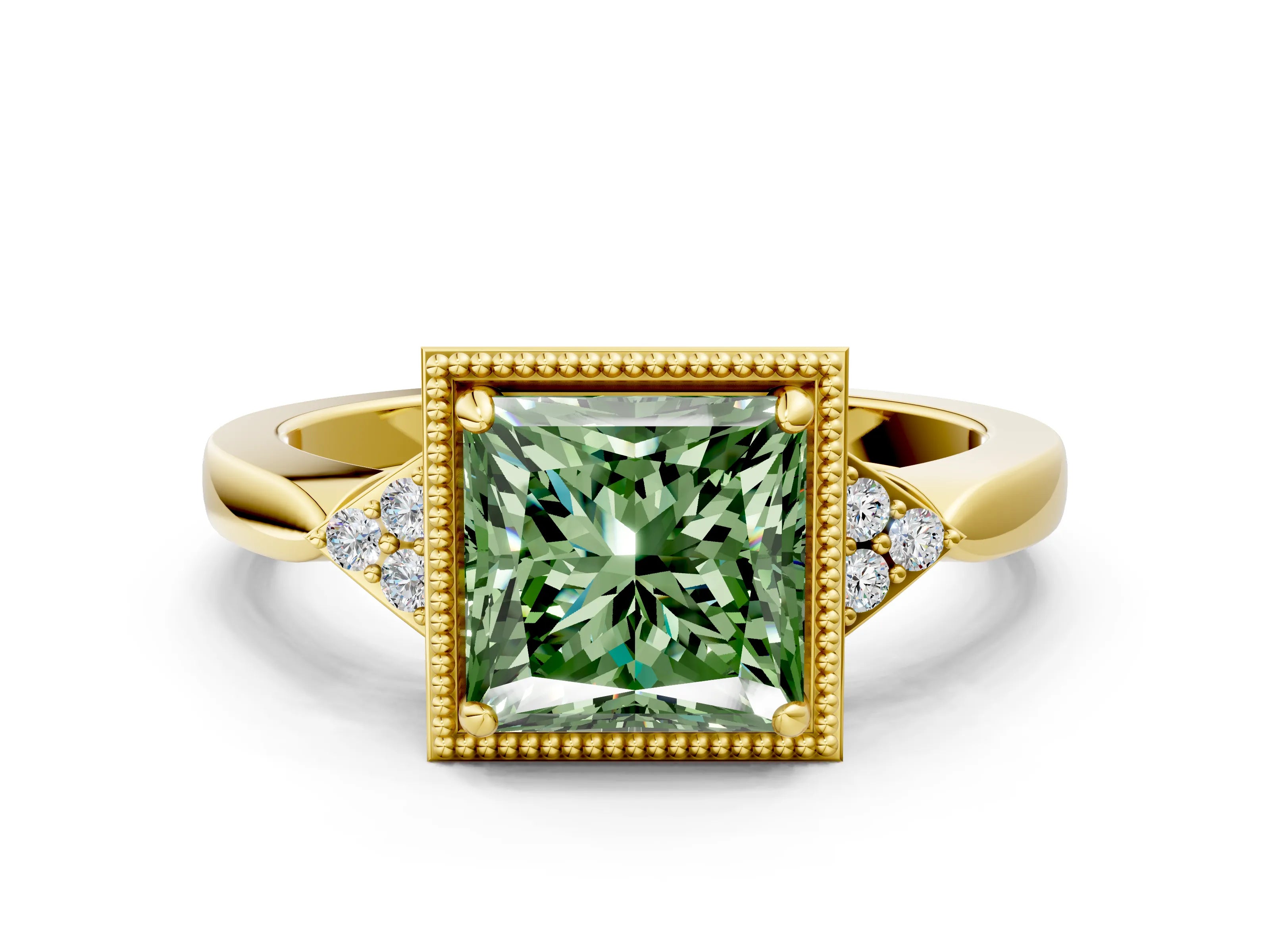 Yellow gold Hexagonal Halo Fancy Green Princess Cut Diamond Solitaire with Pavé Band and Four-Prong Setting_3