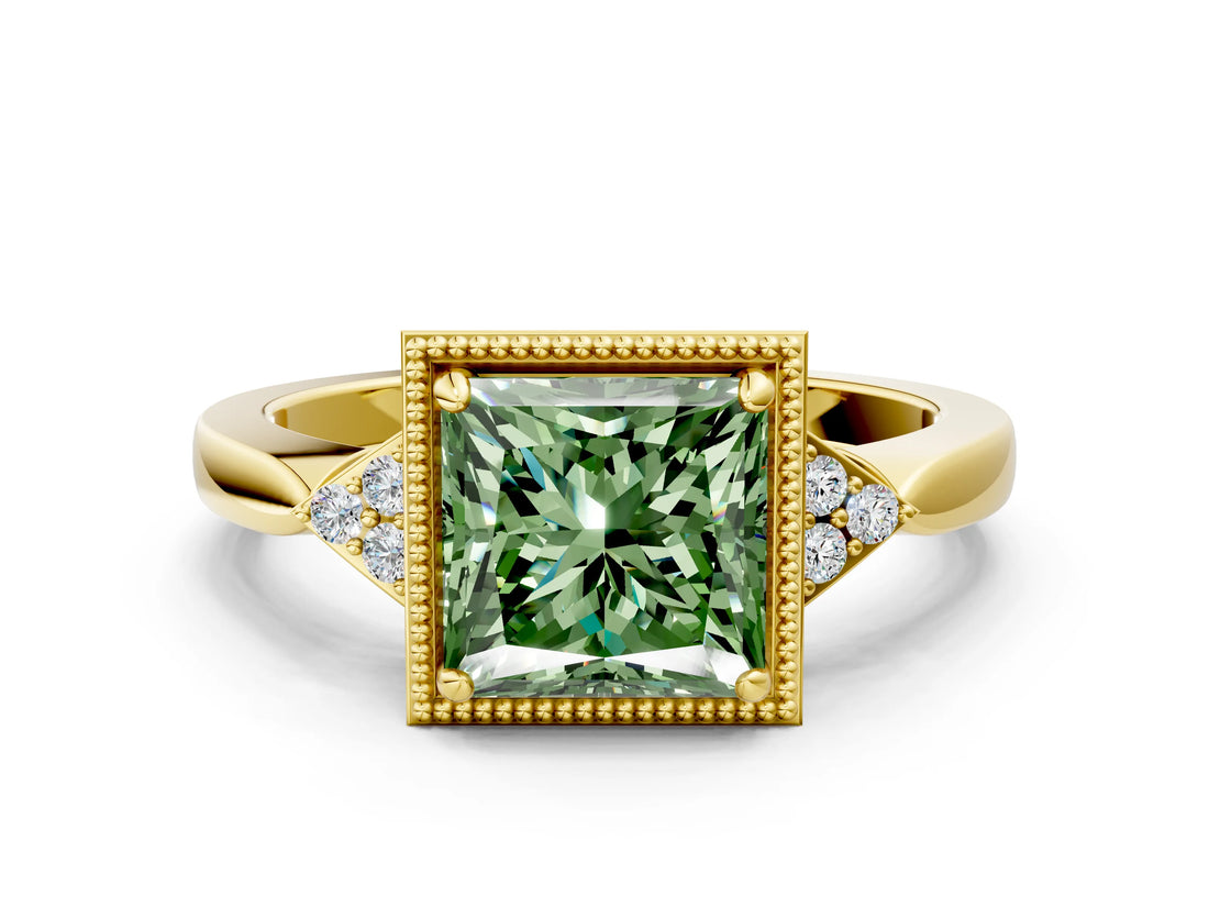 Yellow gold Hexagonal Halo Fancy Green Princess Cut Diamond Solitaire with Pavé Band and Four-Prong Setting_3