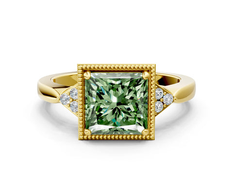 Yellow gold Hexagonal Halo Fancy Green Princess Cut Diamond Solitaire with Pavé Band and Four-Prong Setting_3