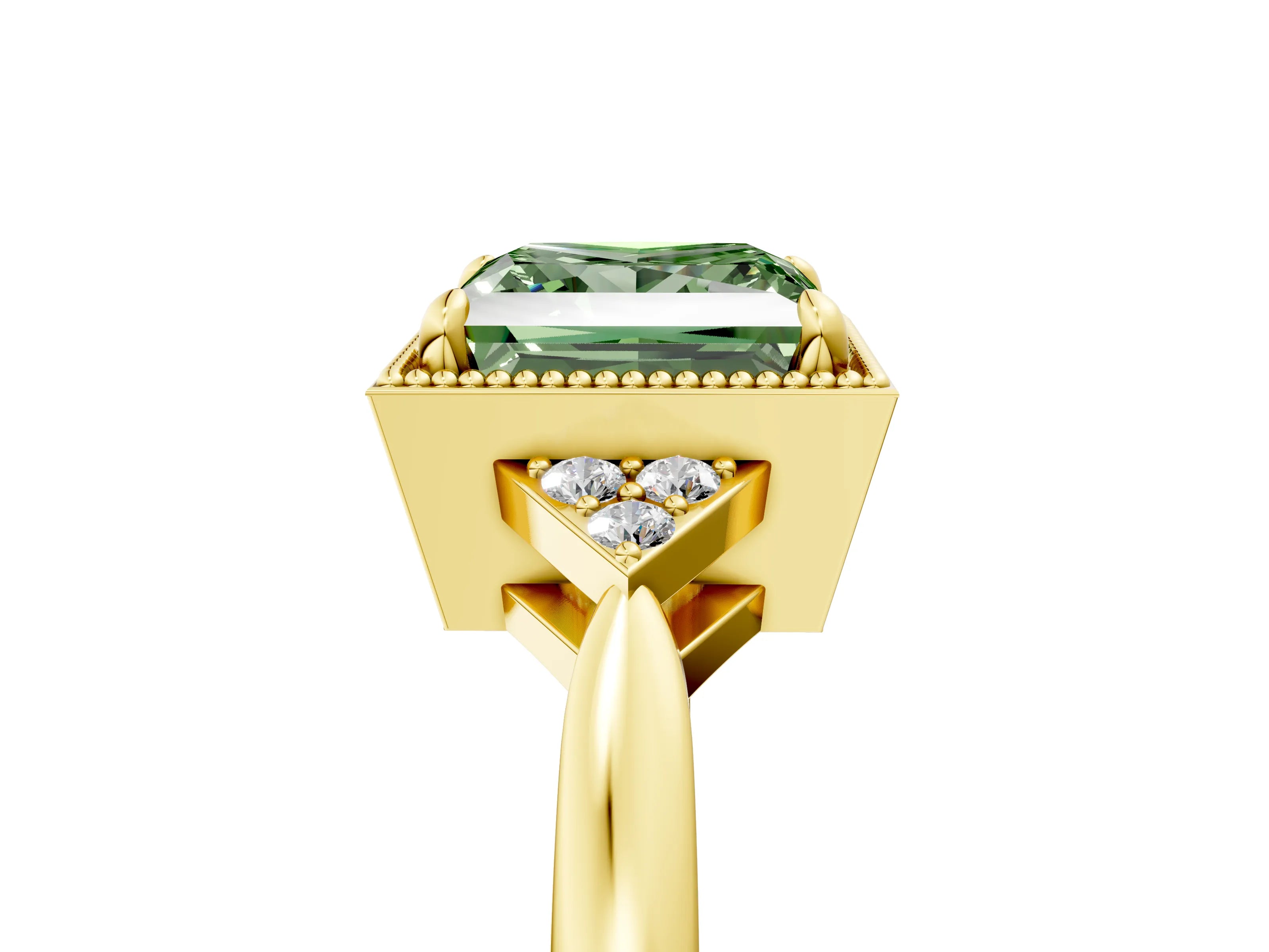 Yellow gold Hexagonal Halo Fancy Green Princess Cut Diamond Solitaire with Pavé Band and Four-Prong Setting_8
