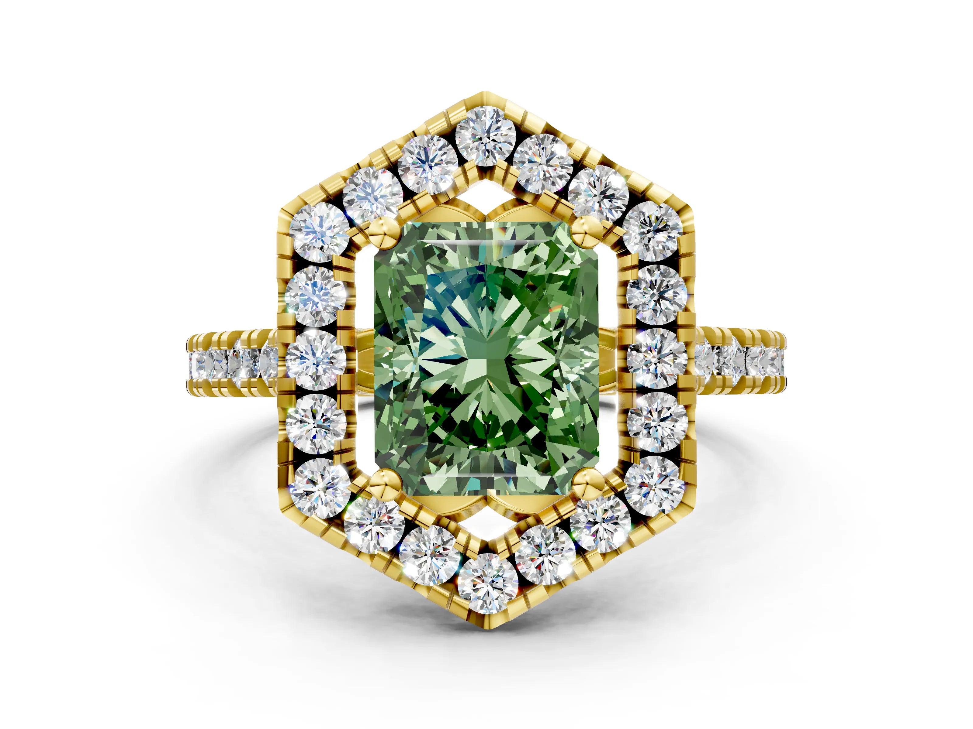 Yellow gold Hexagonal Halo Fancy Green Radiant Cut Diamond Pavé Band with Four-Prong Setting