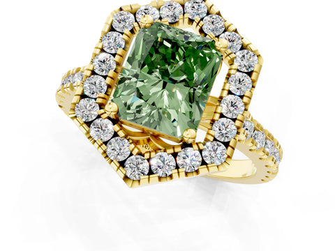Yellow gold Hexagonal Halo Fancy Green Radiant Cut Diamond Pavé Band with Four-Prong Setting_1