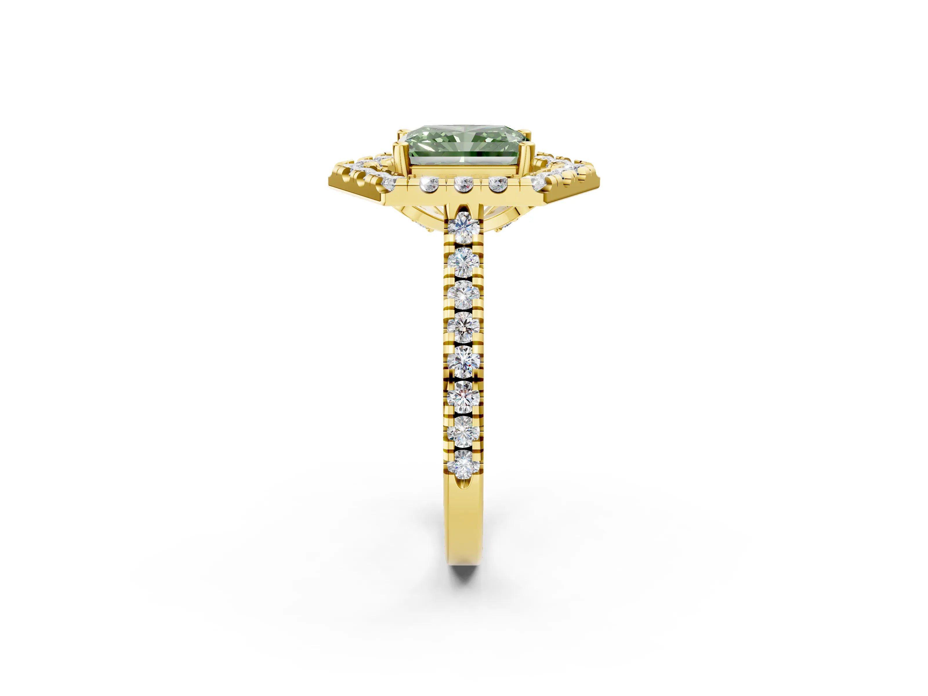Yellow gold Hexagonal Halo Fancy Green Radiant Cut Diamond Pavé Band with Four-Prong Setting_2