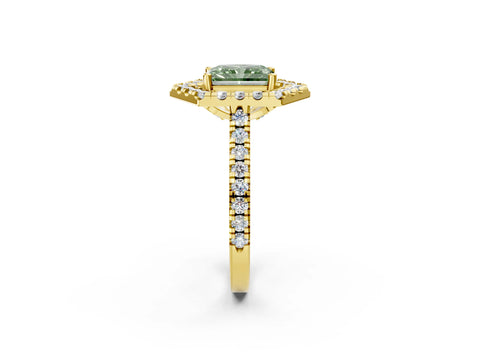 Yellow gold Hexagonal Halo Fancy Green Radiant Cut Diamond Pavé Band with Four-Prong Setting_2