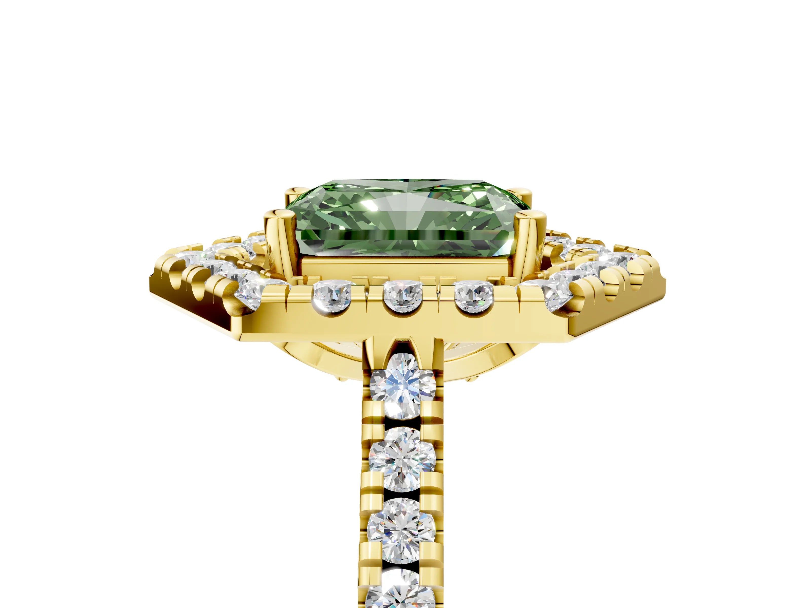 Yellow gold Hexagonal Halo Fancy Green Radiant Cut Diamond Pavé Band with Four-Prong Setting_5