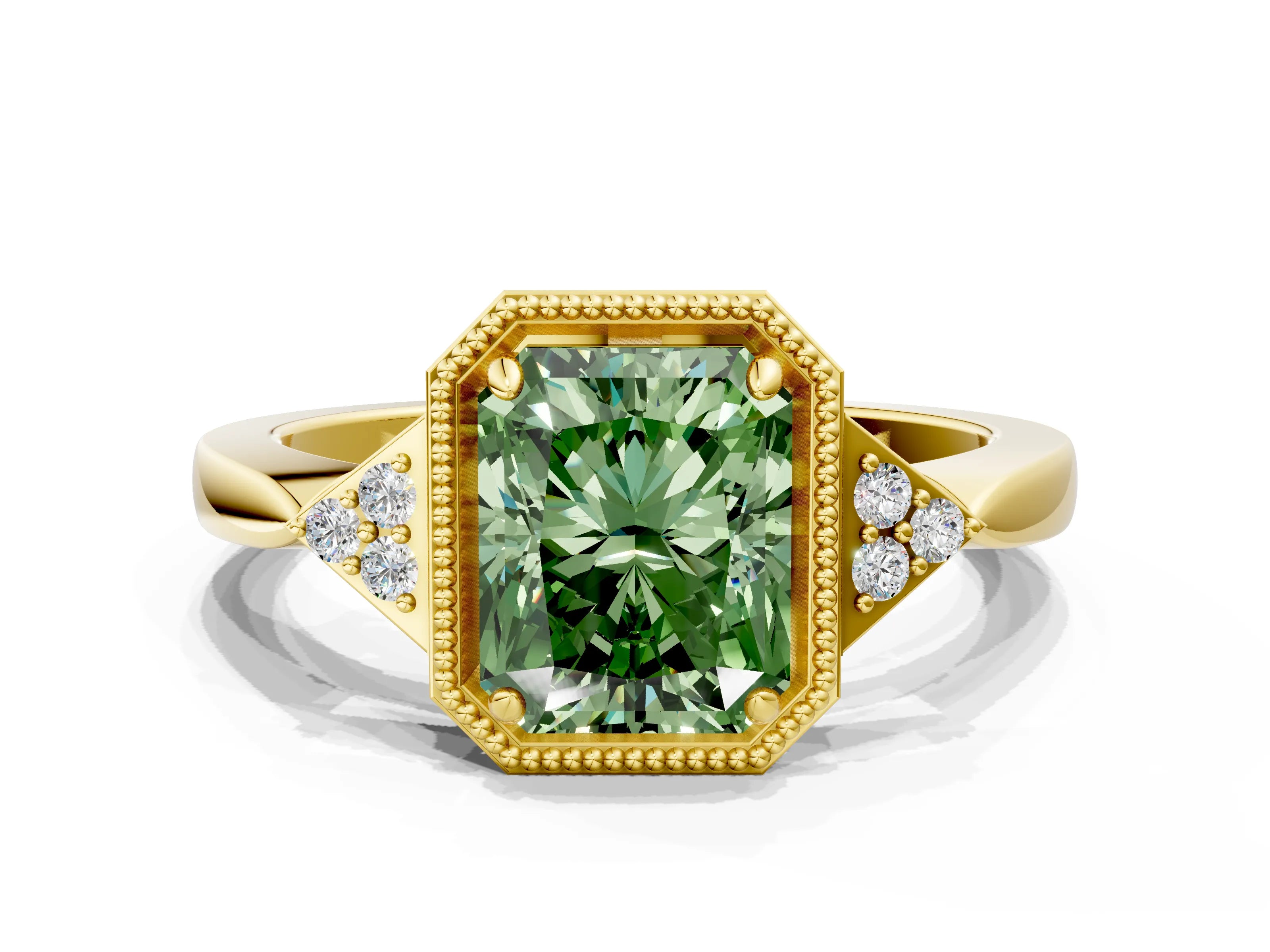 Yellow gold Hexagonal Halo Fancy Green Radiant Cut Diamond Solitaire with Pavé Band and Four-Prong Setting_3