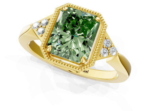 Yellow gold Hexagonal Halo Fancy Green Radiant Cut Diamond Solitaire with Pavé Band and Four-Prong Setting_4