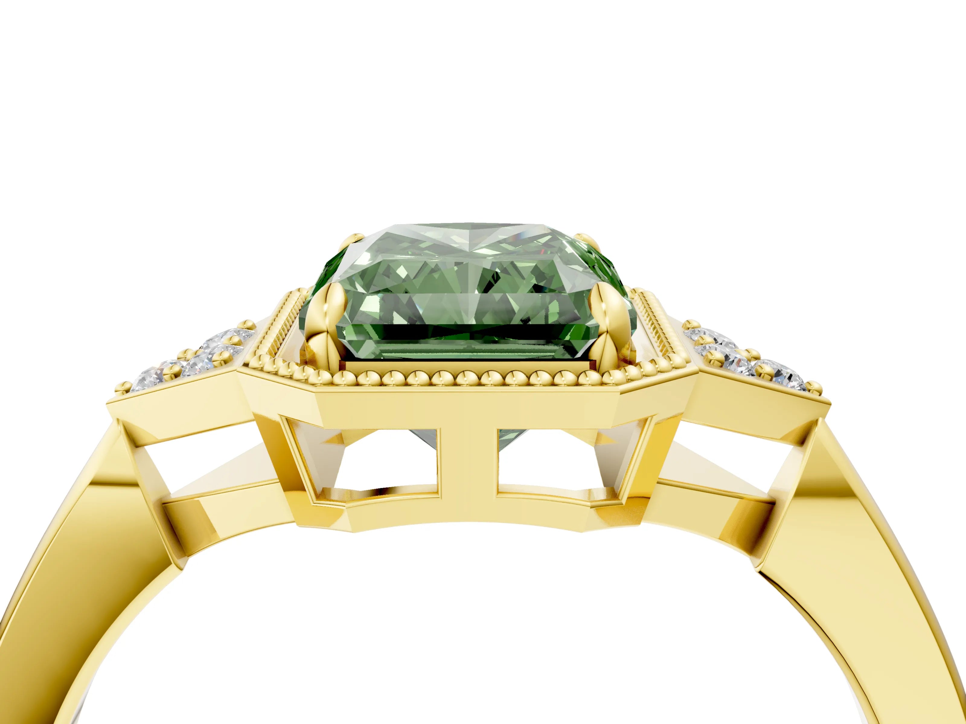 Yellow gold Hexagonal Halo Fancy Green Radiant Cut Diamond Solitaire with Pavé Band and Four-Prong Setting_7