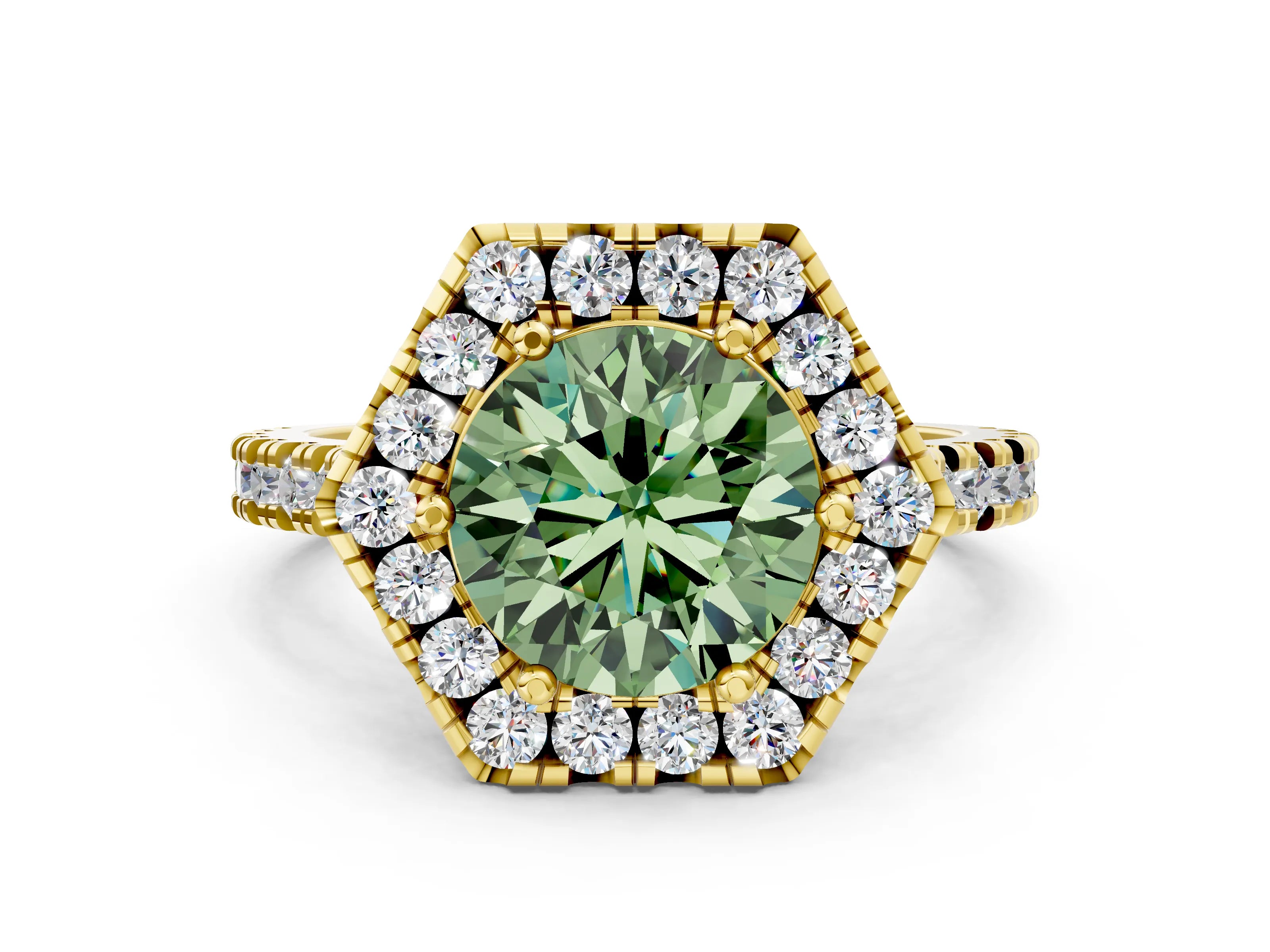 Yellow gold Hexagonal Halo Fancy Green Round Cut Diamond Pavé Band with Four-Prong Setting