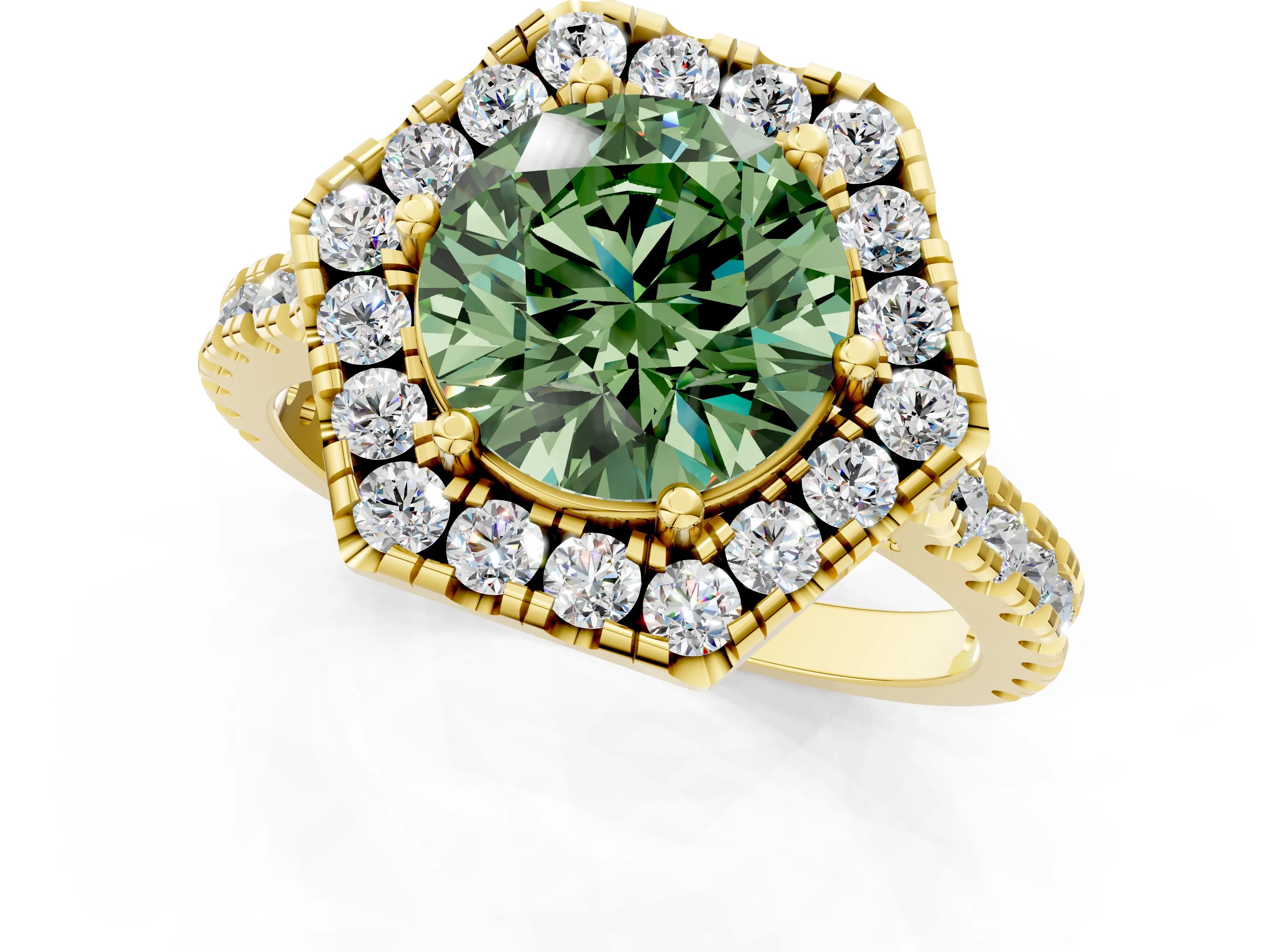 Yellow gold Hexagonal Halo Fancy Green Round Cut Diamond Pavé Band with Four-Prong Setting_1