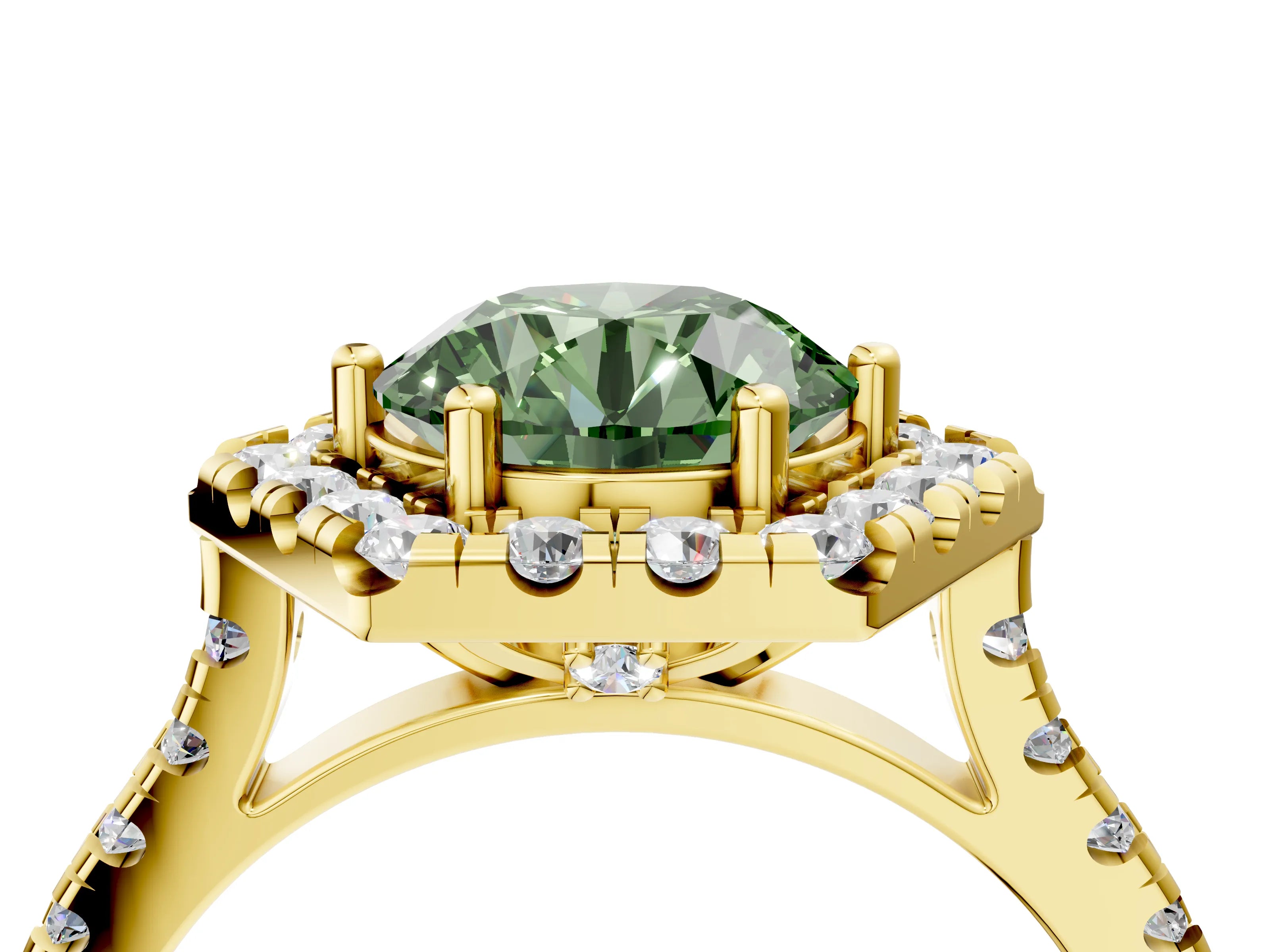 Yellow gold Hexagonal Halo Fancy Green Round Cut Diamond Pavé Band with Four-Prong Setting_4