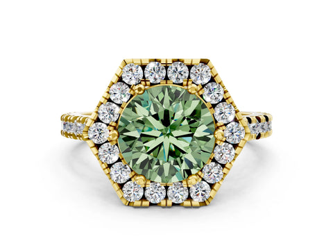 Yellow gold Hexagonal Halo Fancy Green Round Cut Diamond Pavé Band with Four-Prong Setting