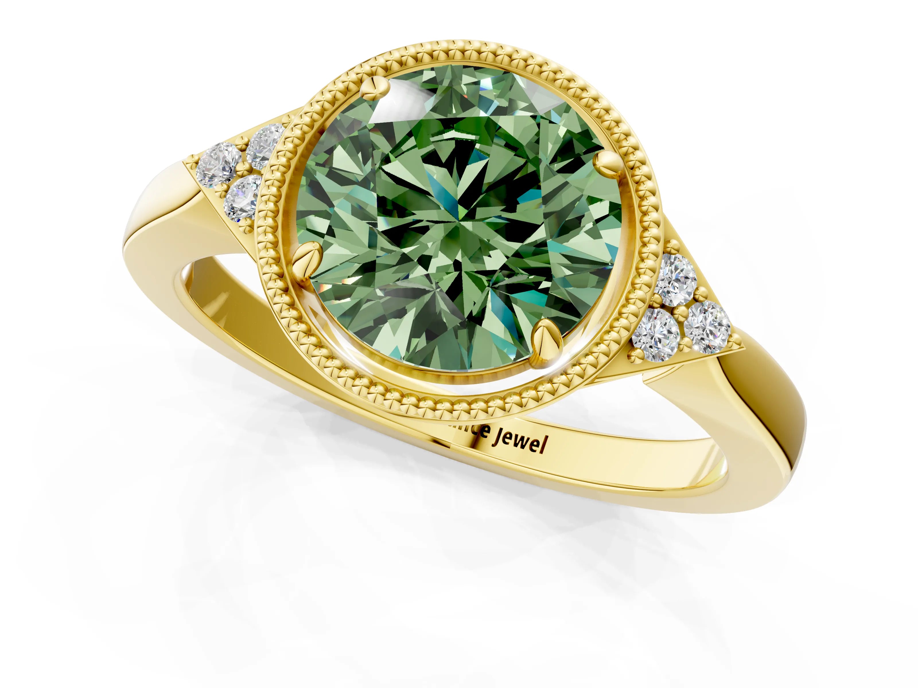Yellow gold Hexagonal Halo Fancy Green Round Cut Diamond Solitaire with Pavé Band and Four-Prong Setting_4