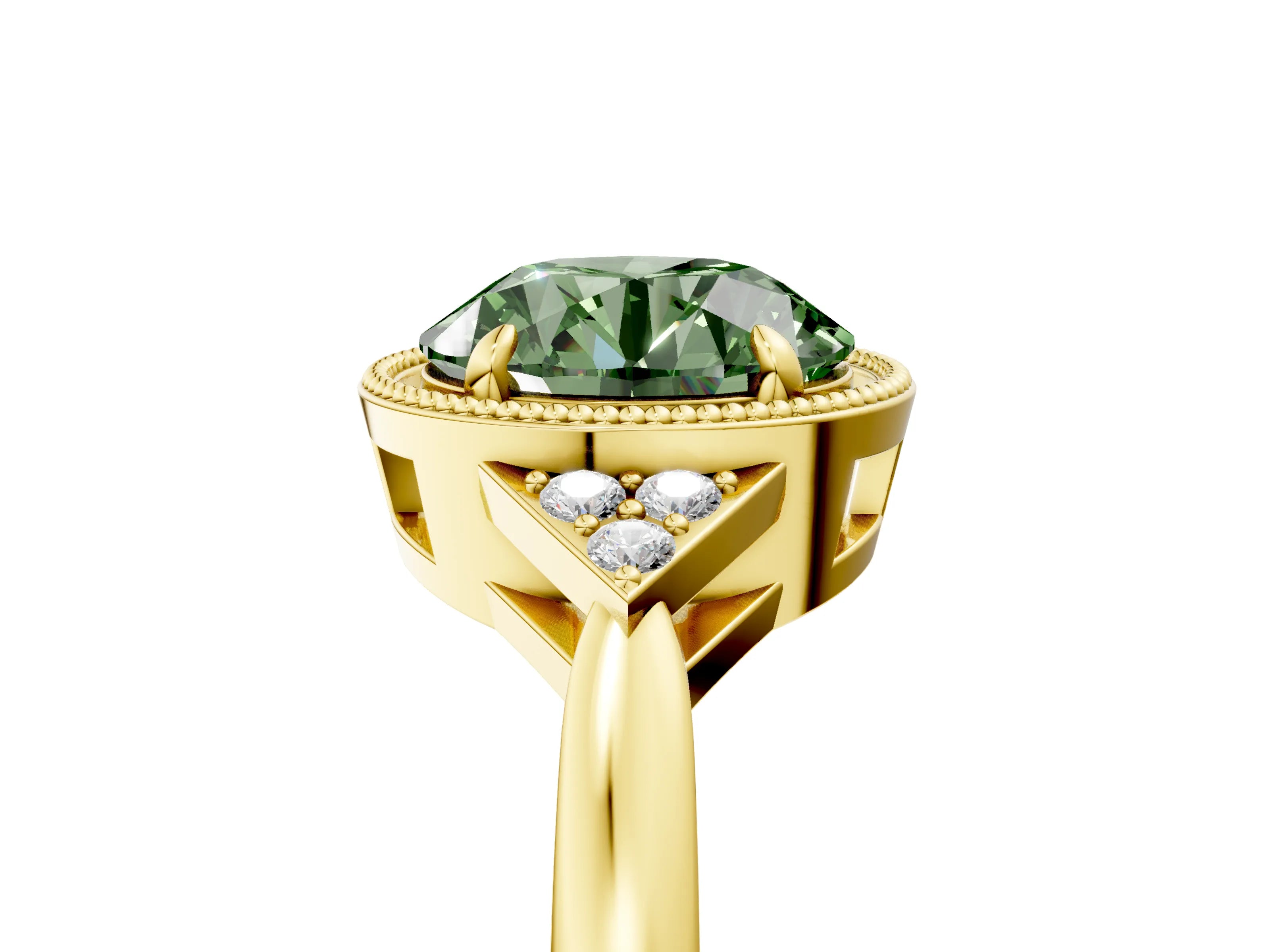 Yellow gold Hexagonal Halo Fancy Green Round Cut Diamond Solitaire with Pavé Band and Four-Prong Setting_8