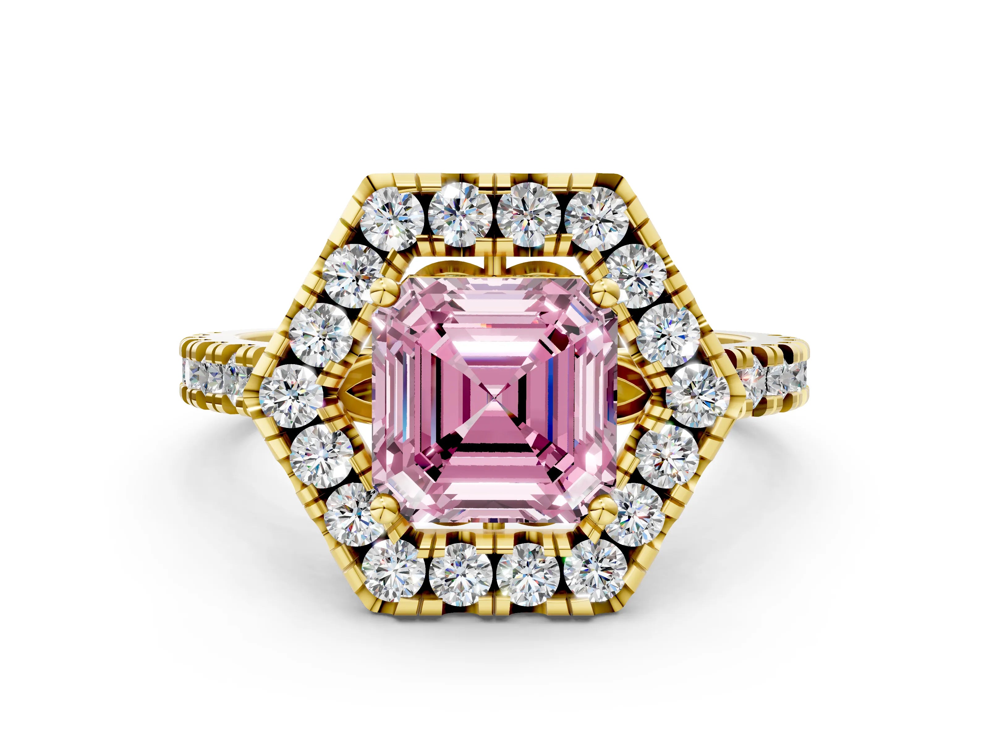 Yellow gold Hexagonal Halo Fancy Pink Asscher Cut Diamond Pavé Band with Four-Prong Setting
